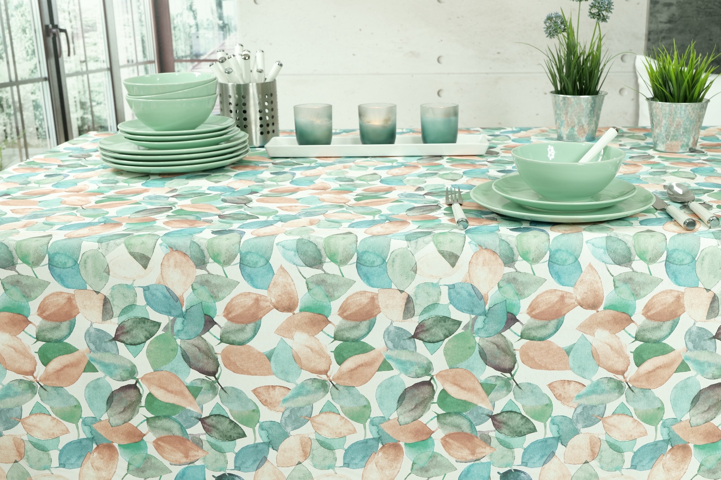 Tischdecke abwaschbar bunte Blätter Muster Amalfi Breite 120 cm