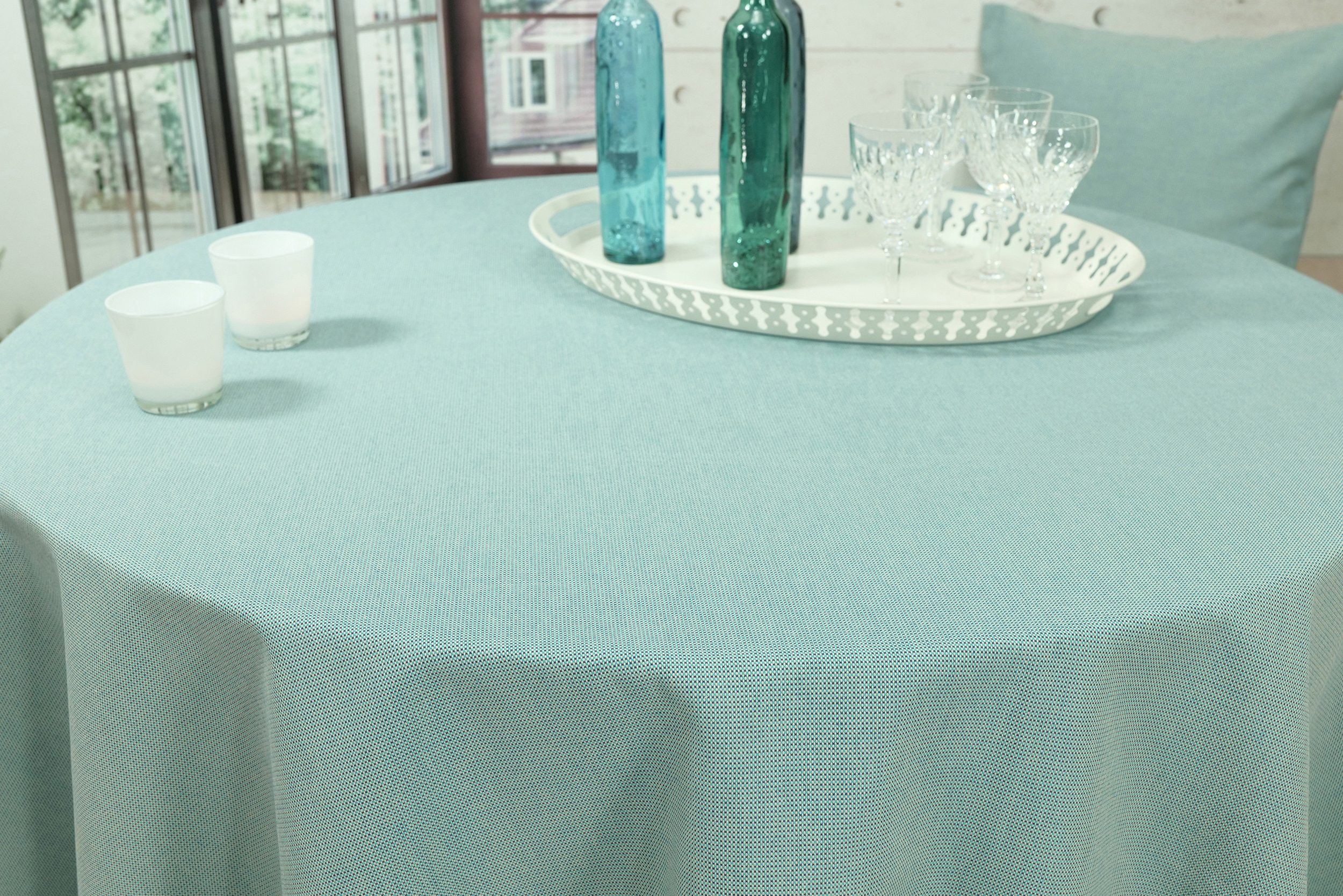 Tischdecke mit Fleckschutz Hellblau uni Manchester ab 80 cm bis 200 cm RUND