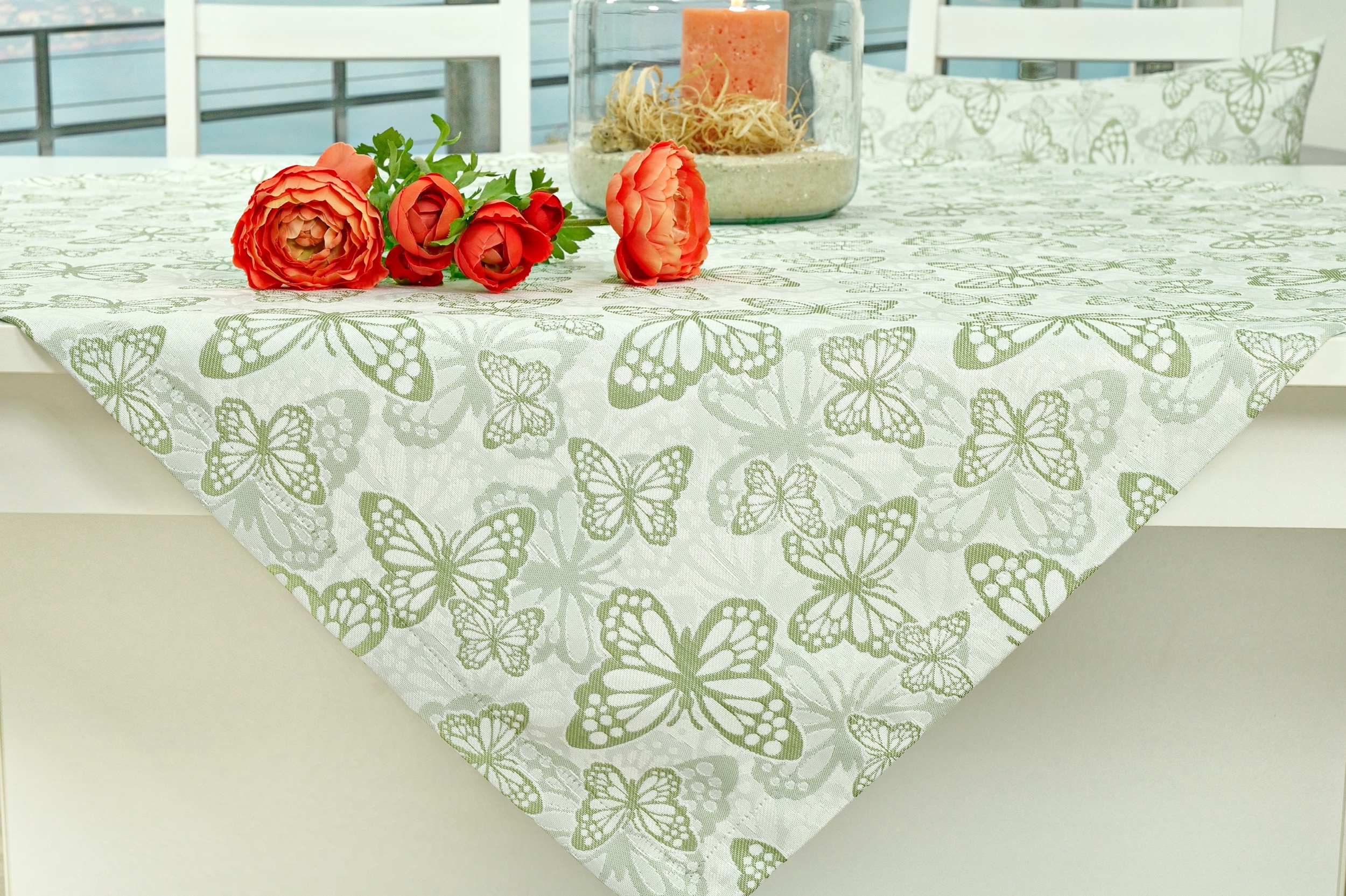 Fleckgeschützte Tischdecke Weiß Grün Muster Springtime ab 80x80 cm - 160x160 cm QUADRATISCH
