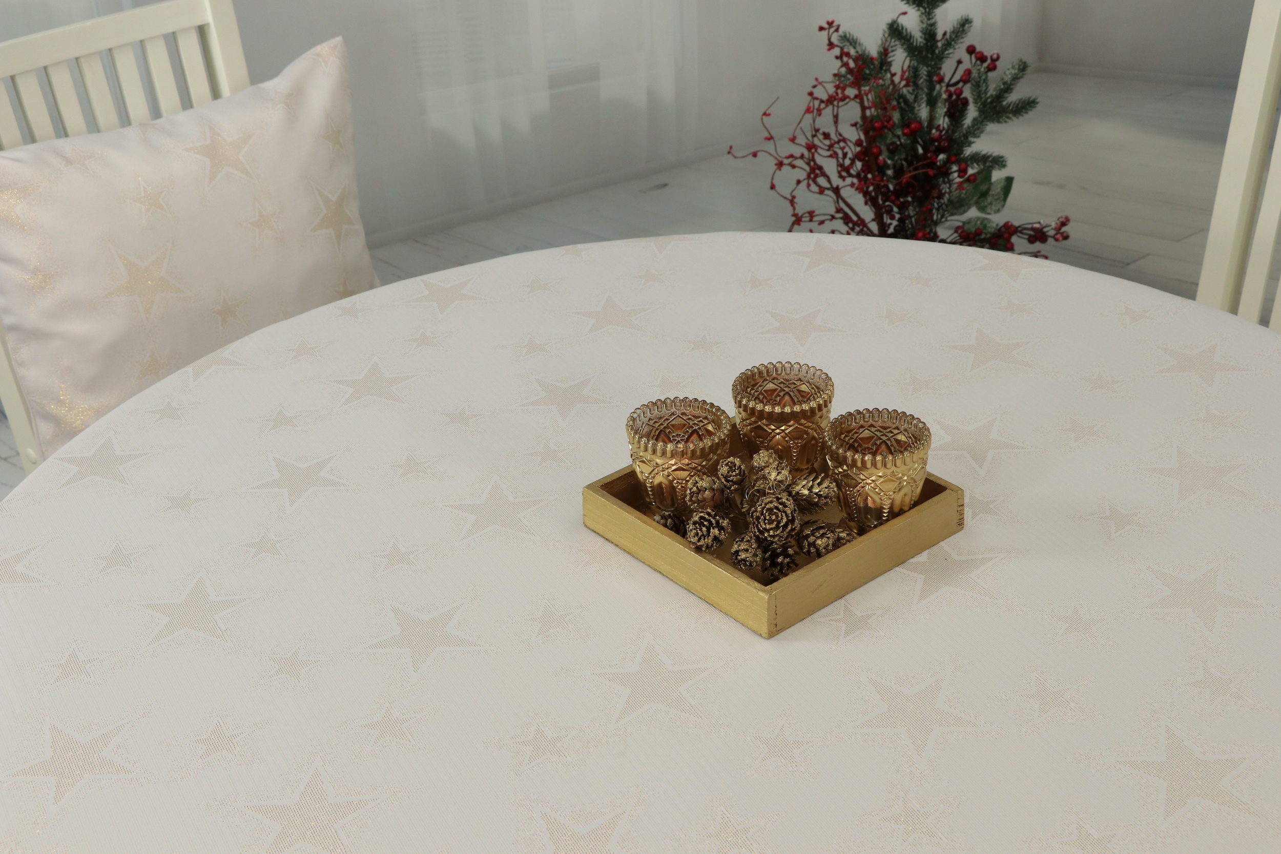 Weihnachtstischdecke mit Fleckschutz Advent champagner goldene Sterne Breite 160 cm OVAL