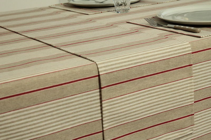 Abwaschbare Tischdecke natur beige weiß  creme und einem roten Streifen