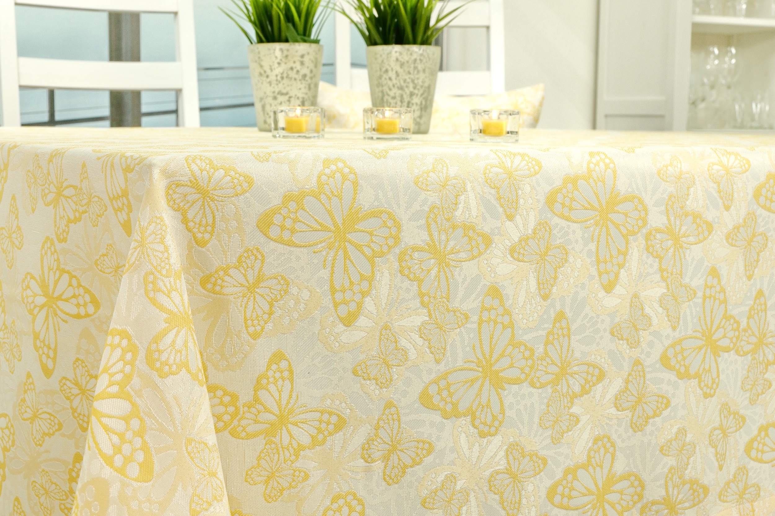 Fleckgeschützte Tischdecke Weiß Gelb Muster Springtime Breite 130 cm