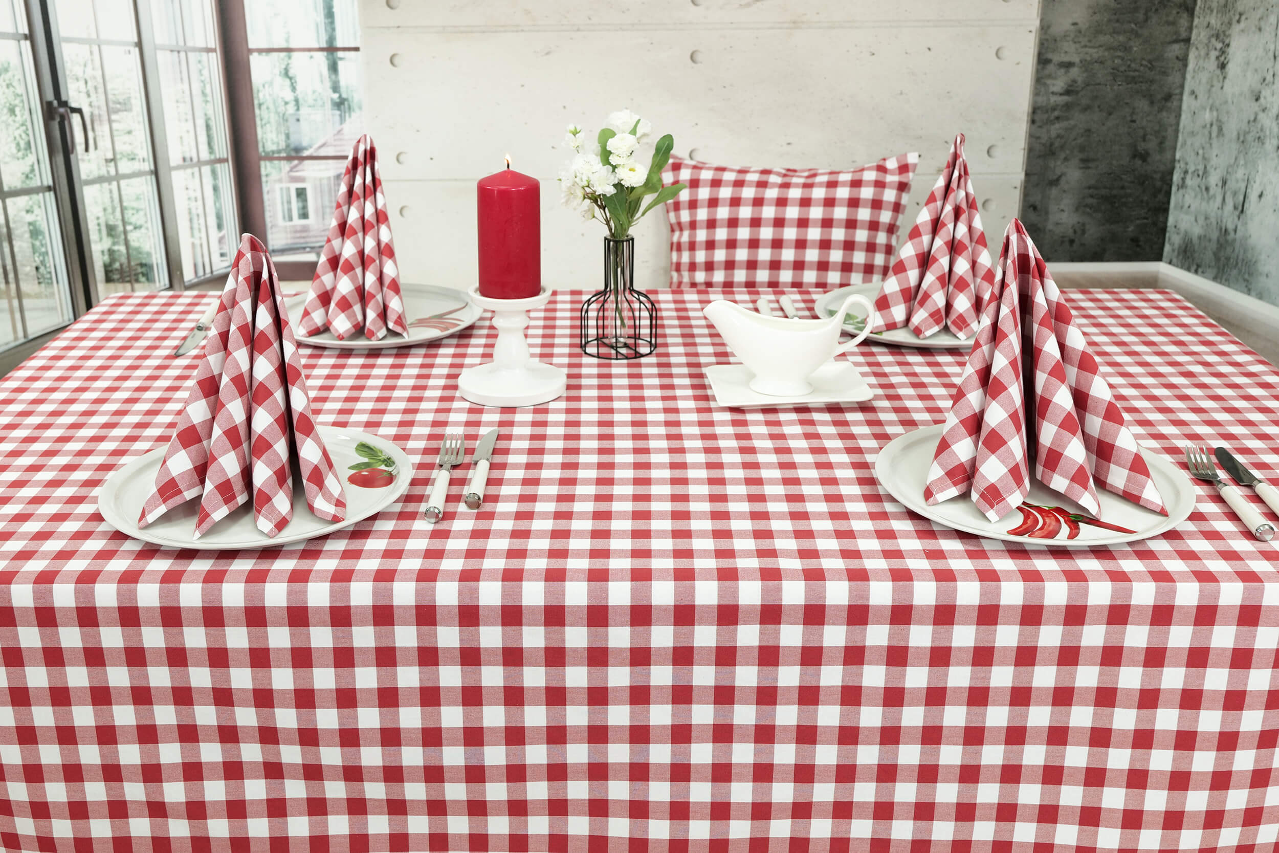 Karierte Tischdecke Breite 150 cm Rot Weiß Cuadros