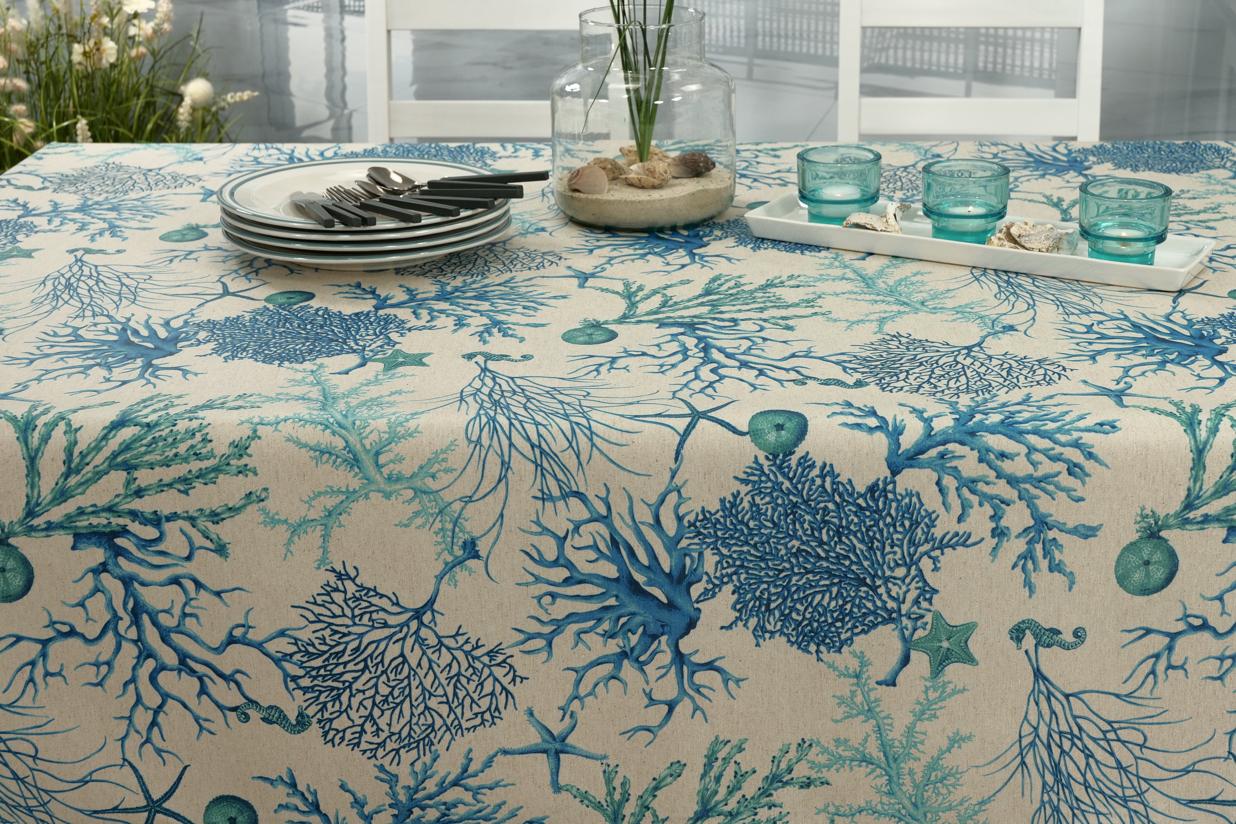 Abwaschbare Tischdecke Beige Blau gemustert Korallen Breite 158 cm