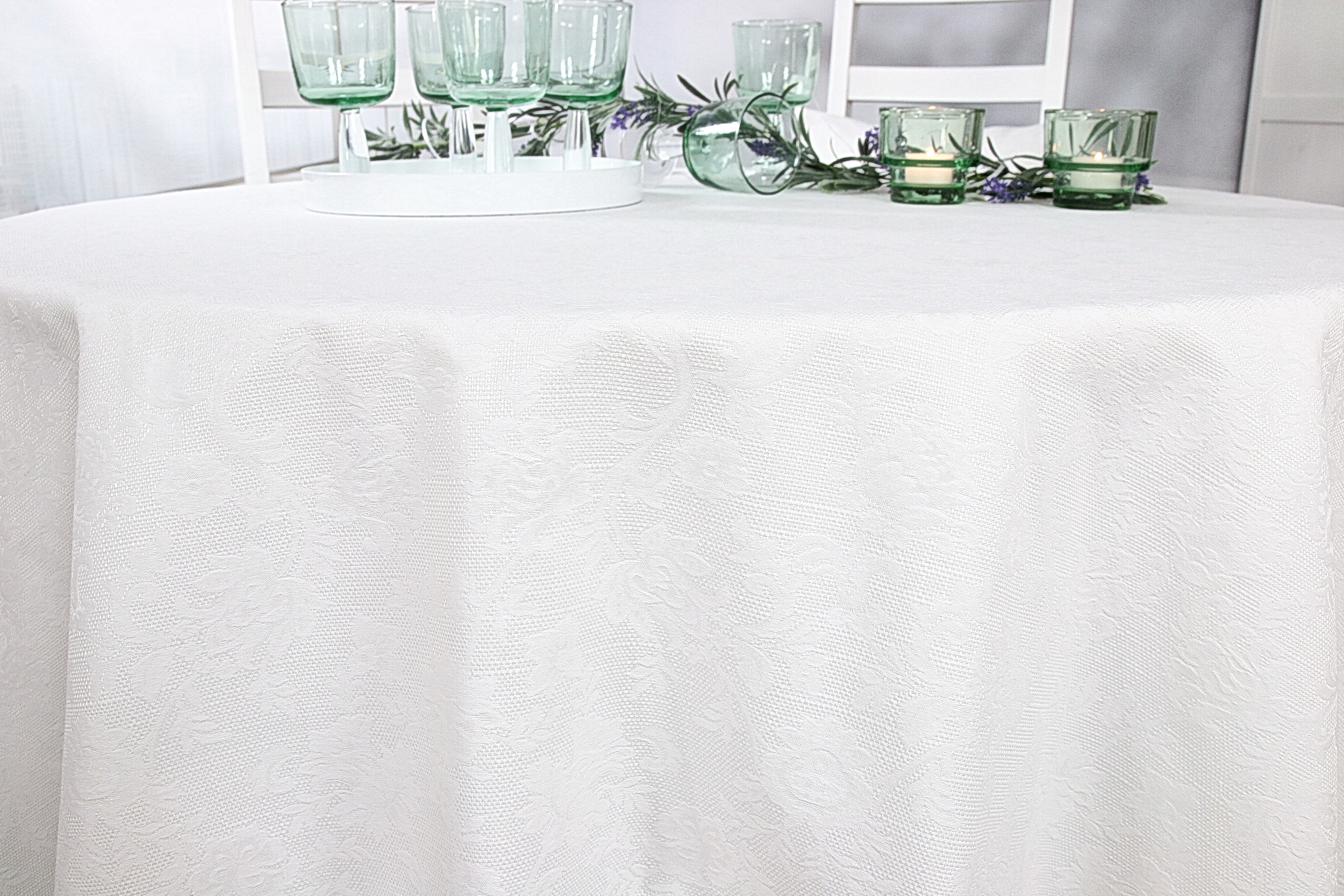 Tischdecke mit Fleckschutz Evita Perlweiß Ranke ab 80 cm bis 200 cm RUND