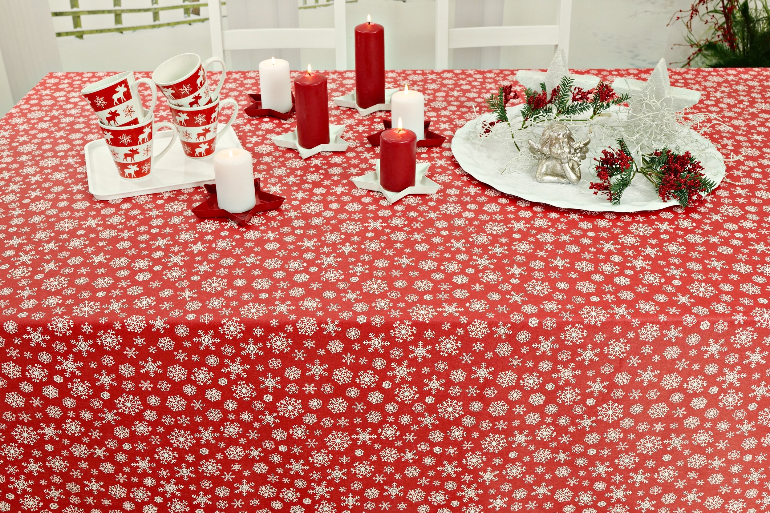 Abwaschbare Tischwäsche Rot Weihnachtsmotiv Schneeflocke Breite 138 cm