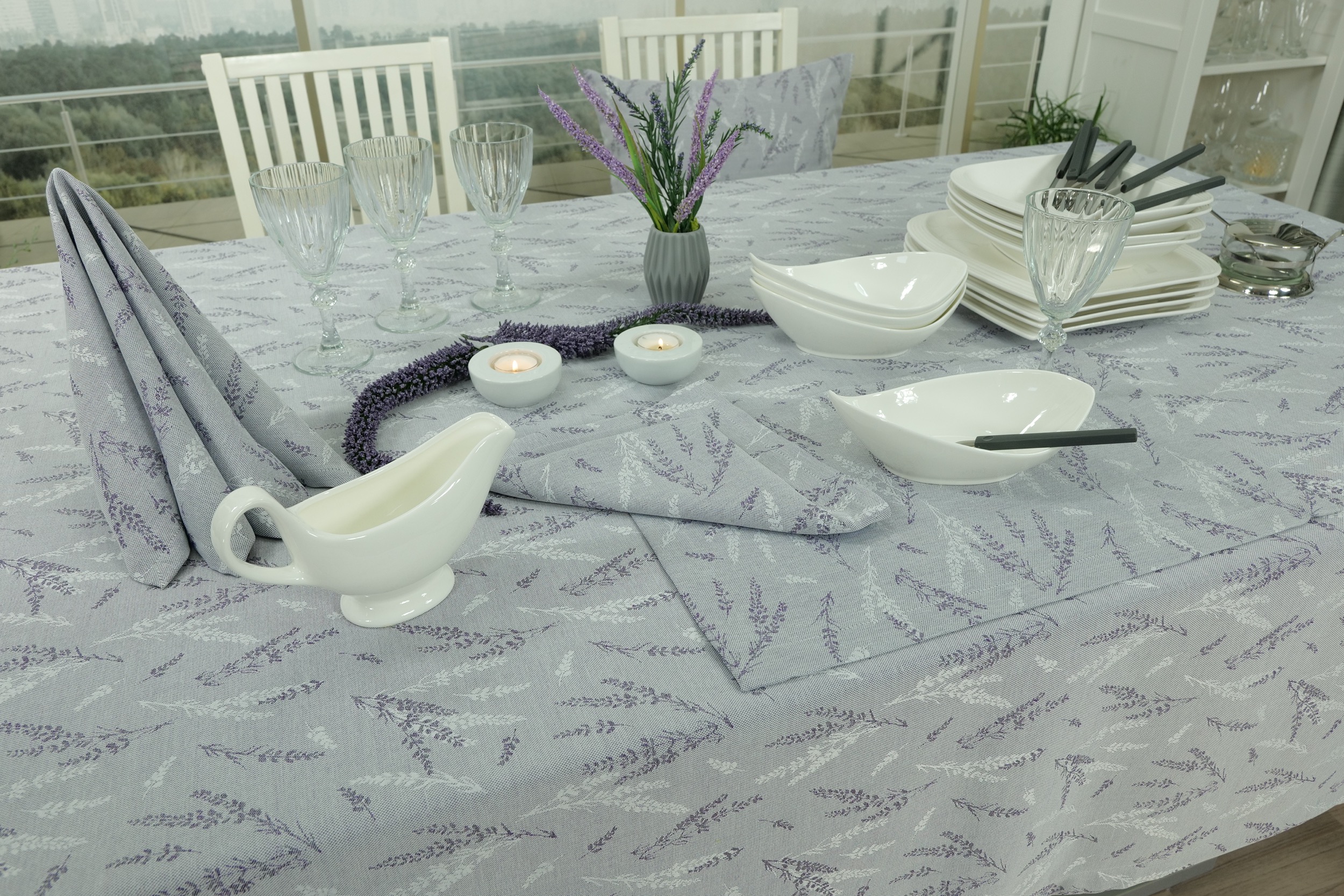 Tischdecke mit Fleckschutz Hellgrau Violett Lavendel Breite 100 cm