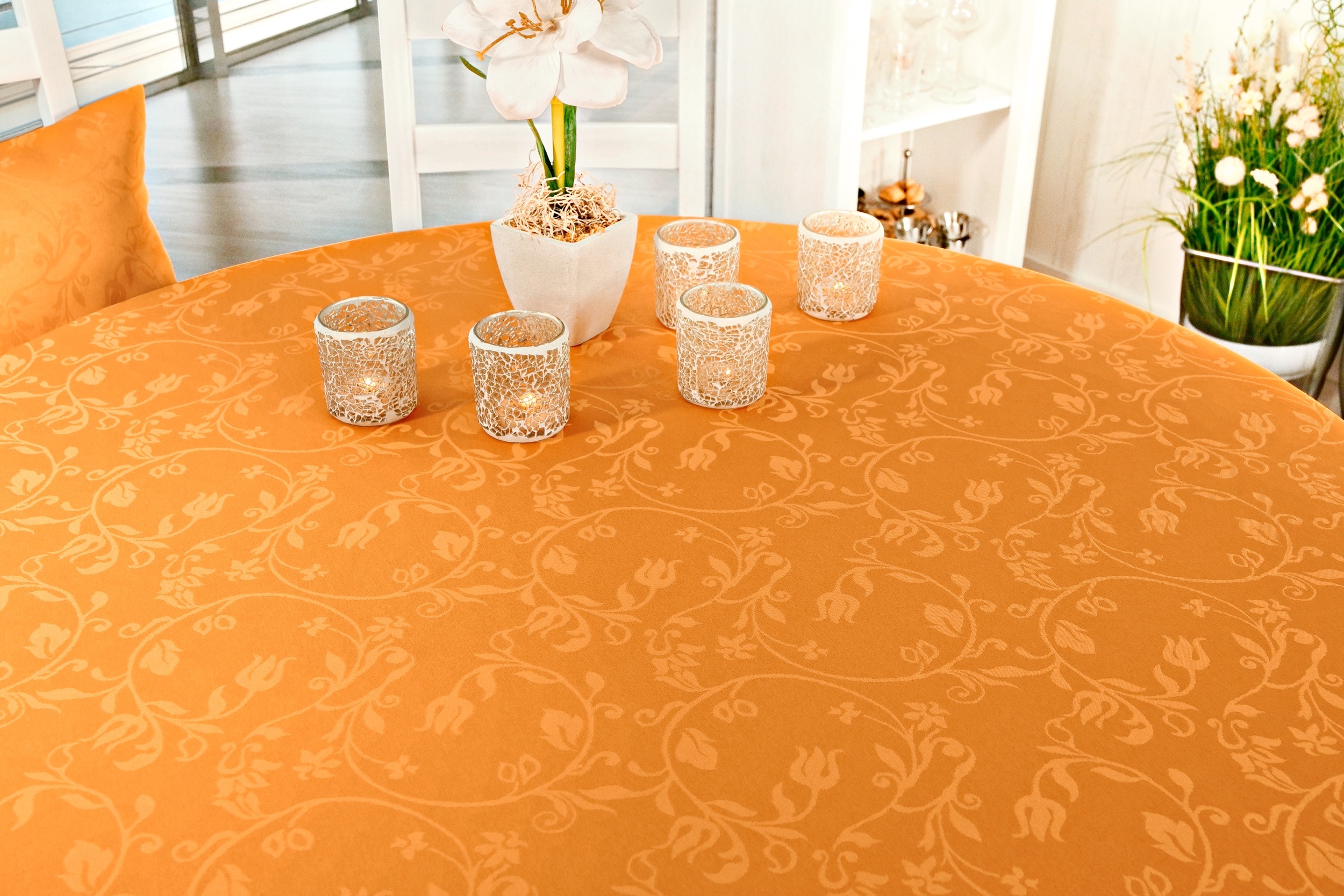 Tischdecke mit Fleckschutz Orange Blütenranke Fresh Breite 130 cm OVAL