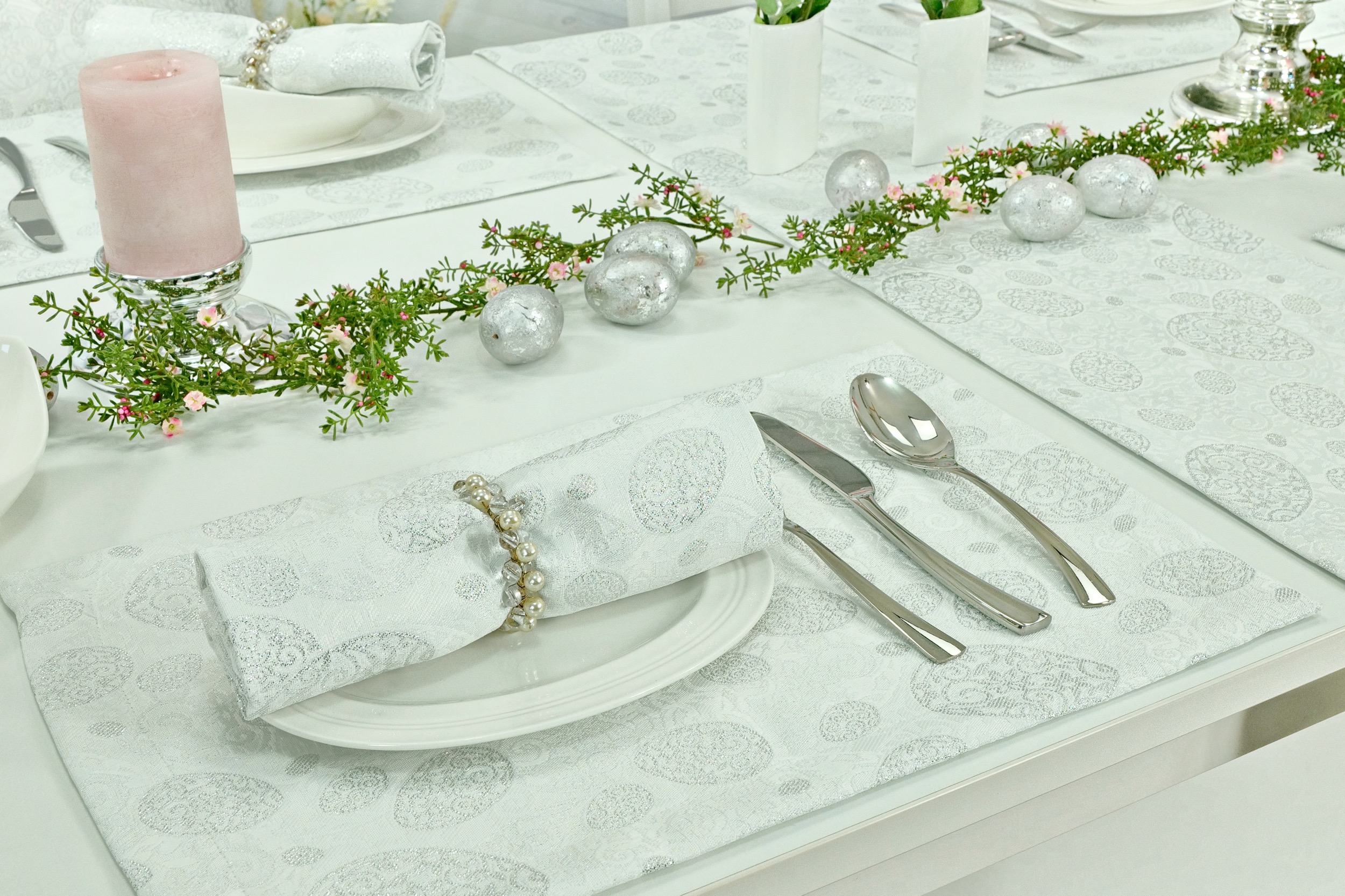 Oster Tischsets mit Fleckschutz Weiß Silber Easter Egg Größe 30x48 cm Platzset
