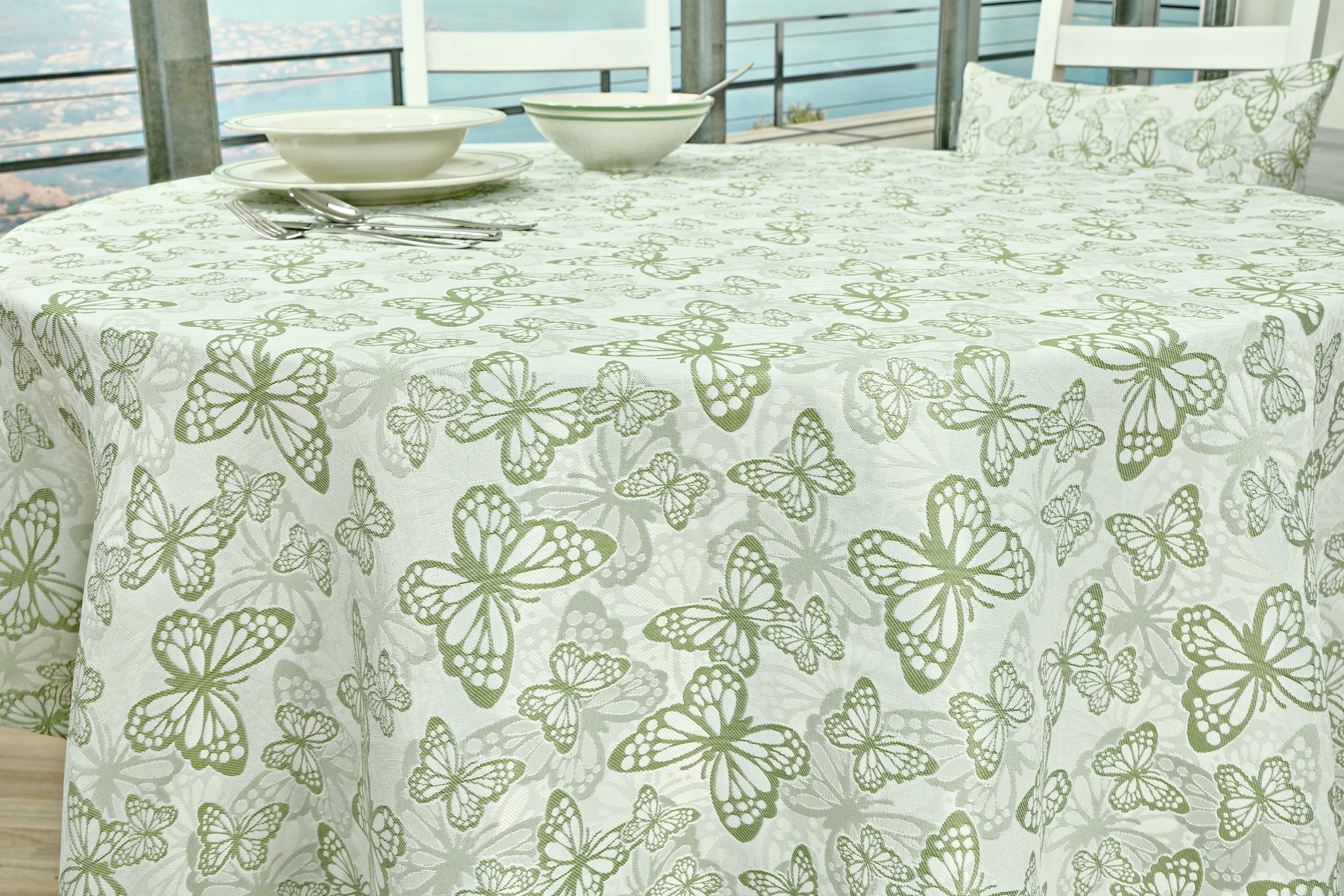 Fleckgeschützte Tischdecke Weiß Grün Muster Springtime ab 80 cm bis 160 cm RUND