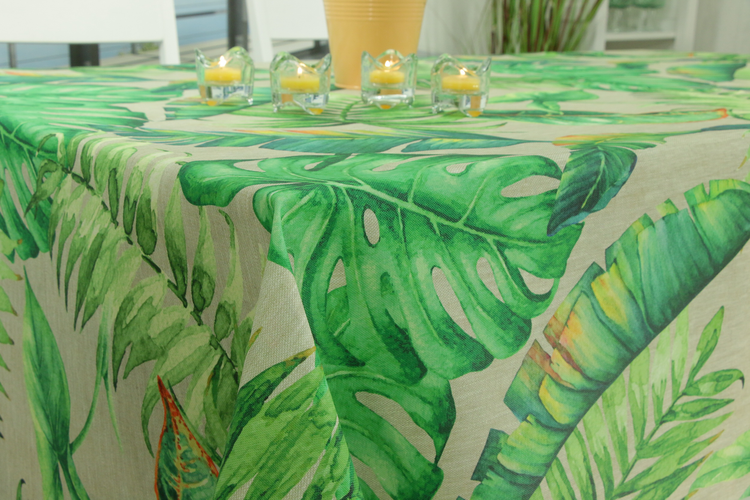 Tischdecke abwaschbar Natur Grün Muster Palmblätter ab 80x80 cm - 138x138 cm QUADRATISCH