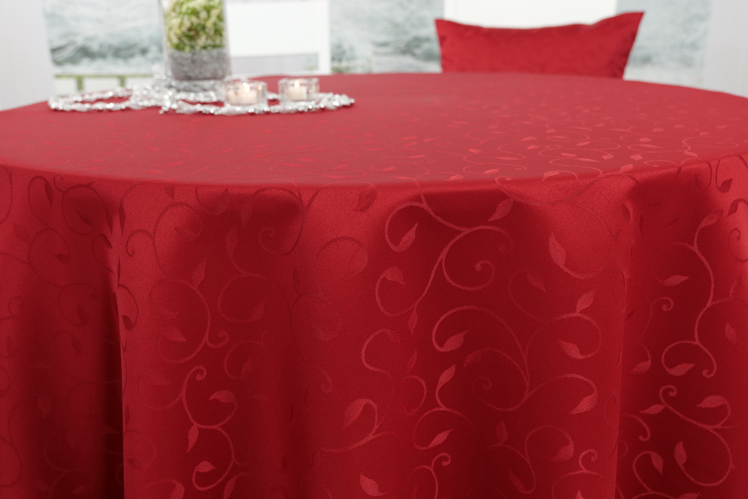 RUND Tischdecke Damast Fleckschutz Rot mit Muster