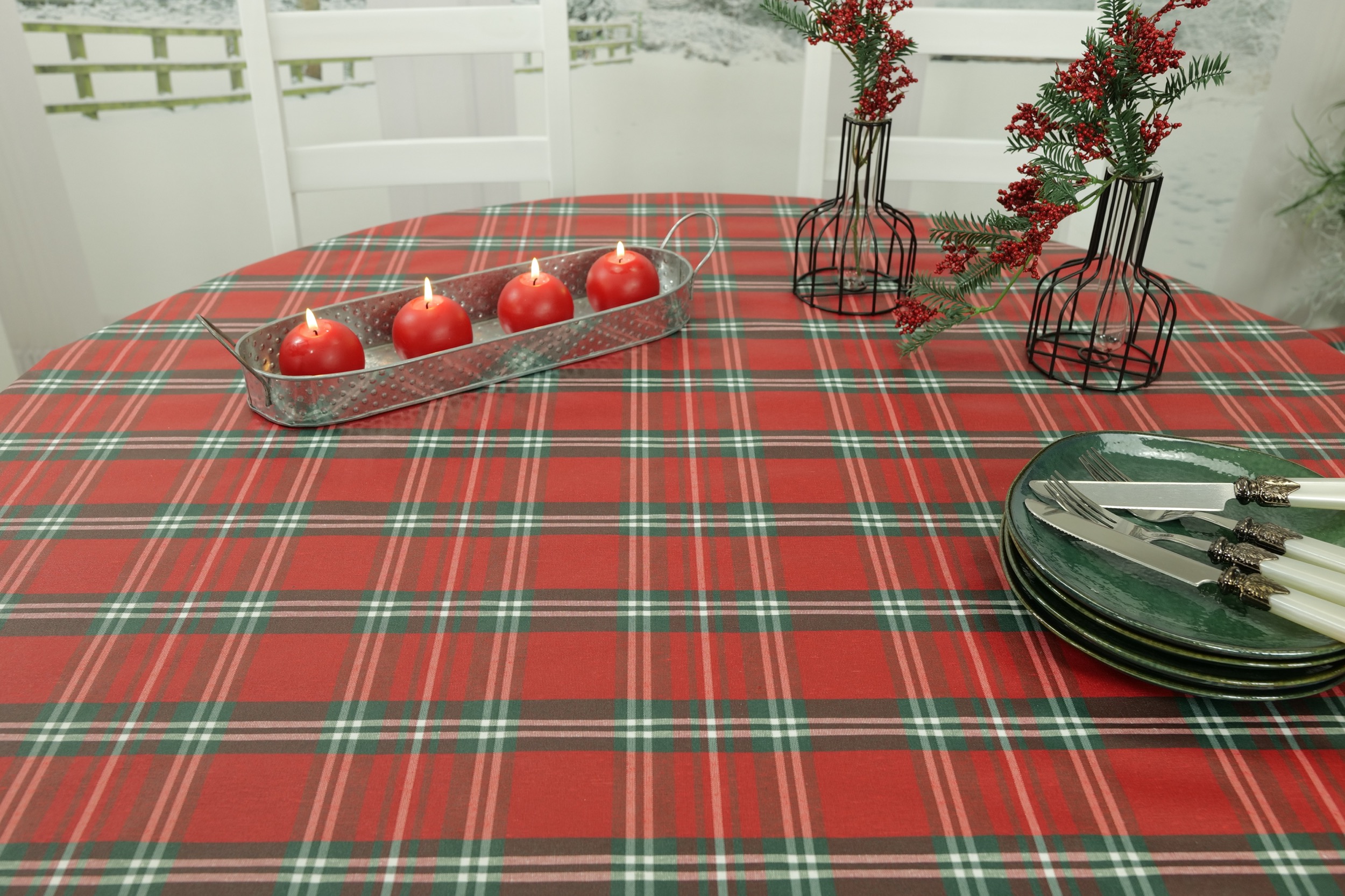 Tischdecke abwaschbar Rot Grün Weiß Kariert Tartan Breite 150 cm OVAL