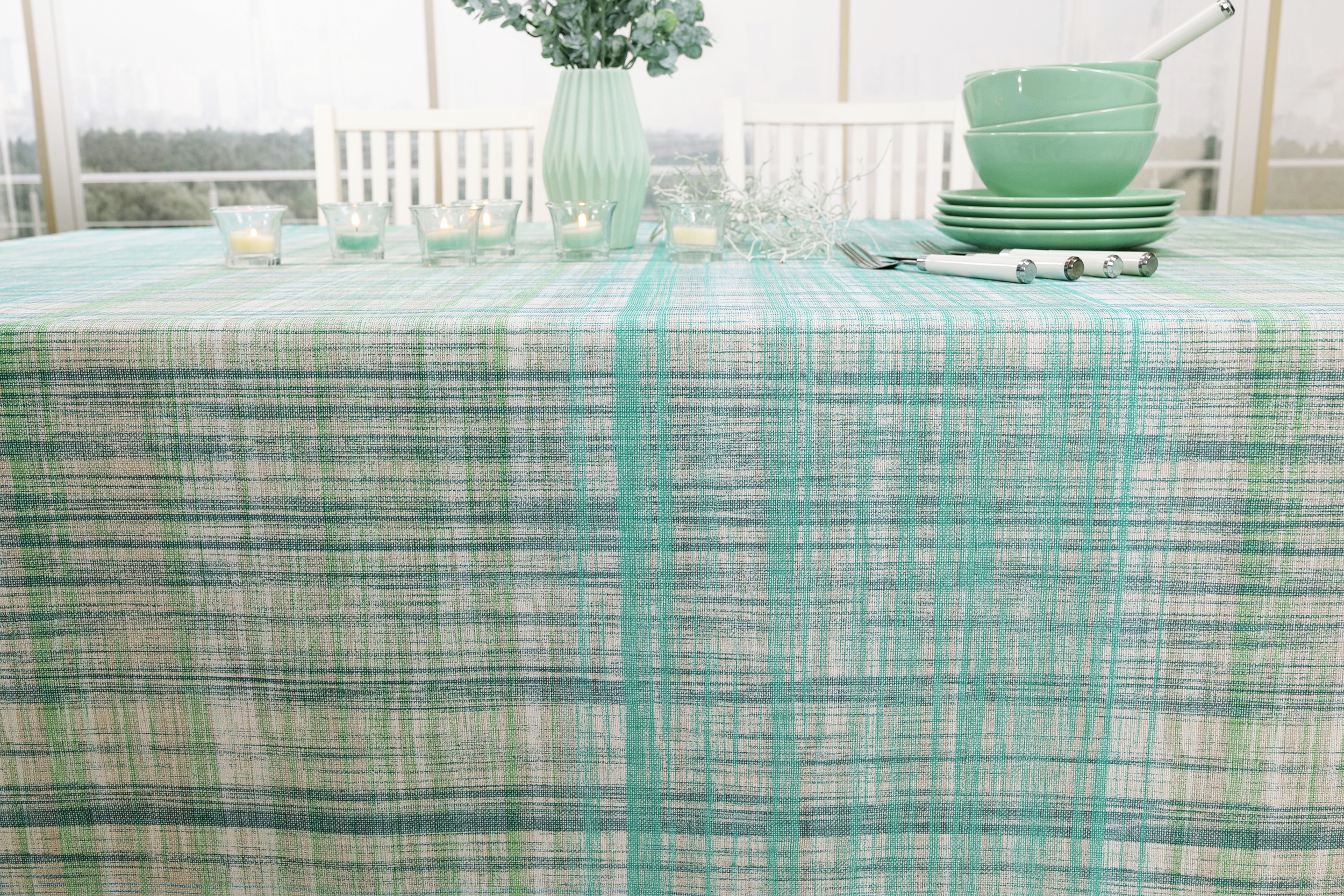 Tischdecke abwaschbar Blau Grün gemustert Madeira Breite 110 cm