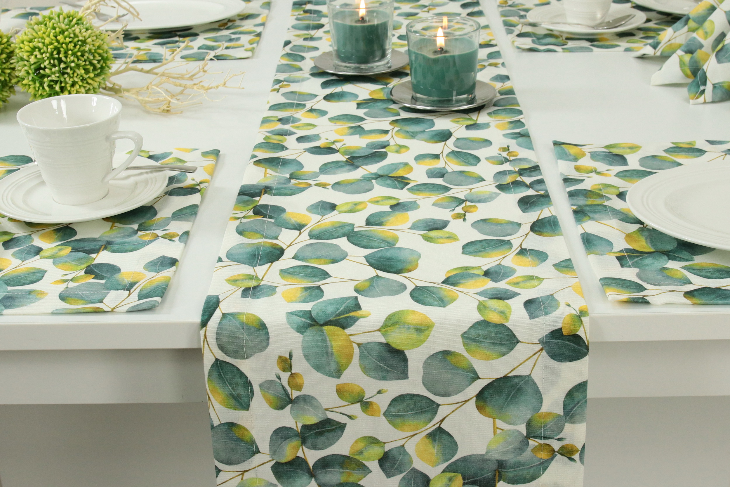 Tischläufer mit Fleckschutz Ozeanblau Gelb Blätter Muster Größe 30x140 cm