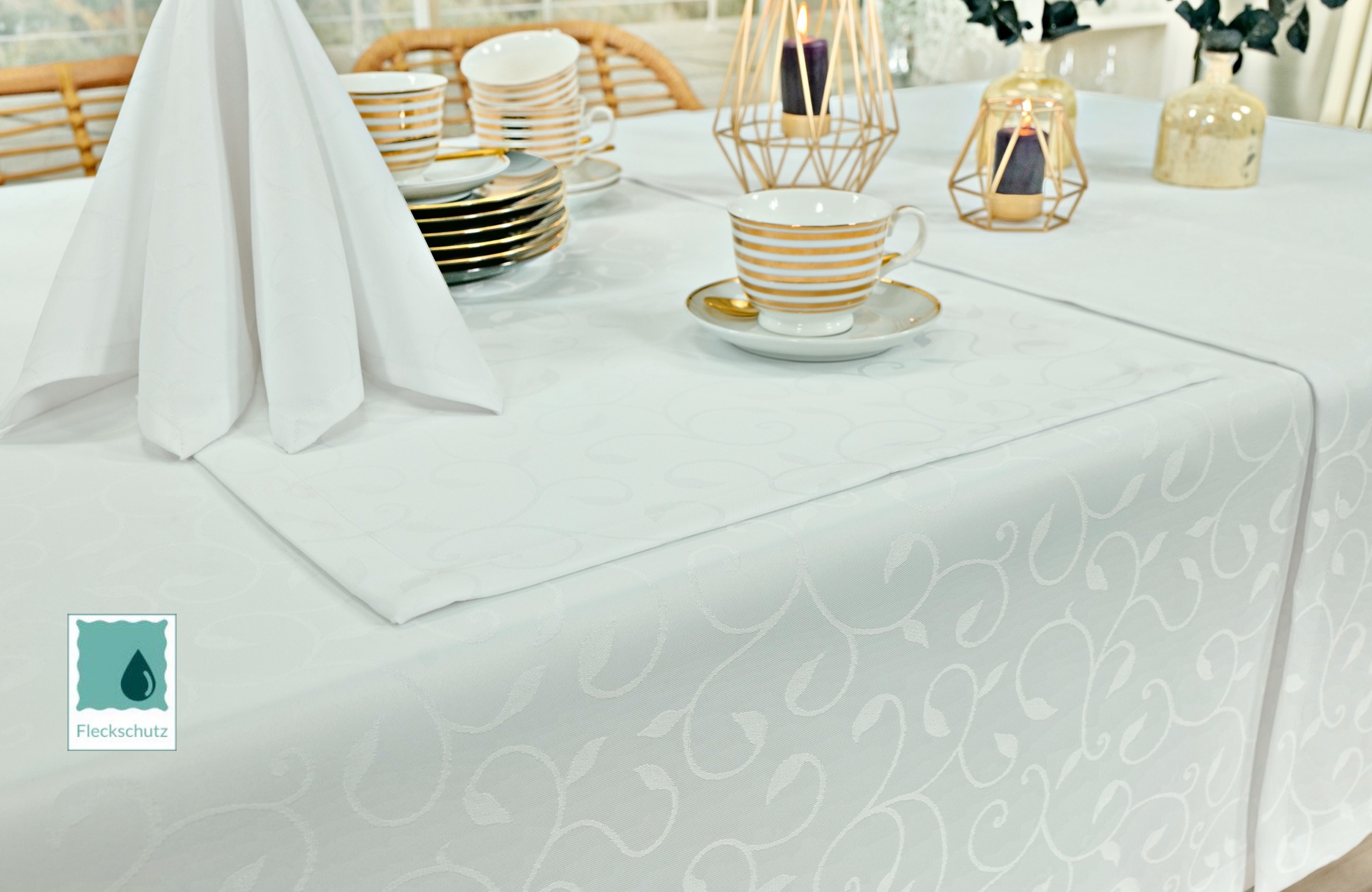 Damast Tischdecke mit Fleckschutz Weiß mit Muster Breite 160 cm