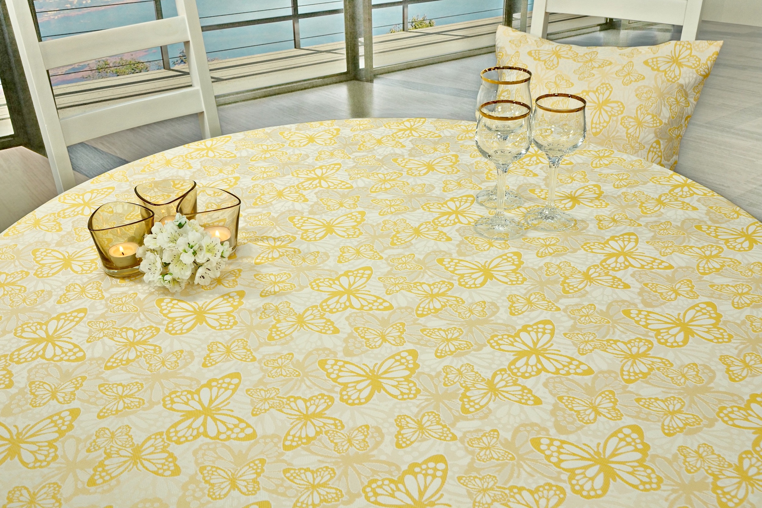 Fleckgeschützte Tischdecke Weiß Gelb Muster Springtime Breite 150 cm OVAL