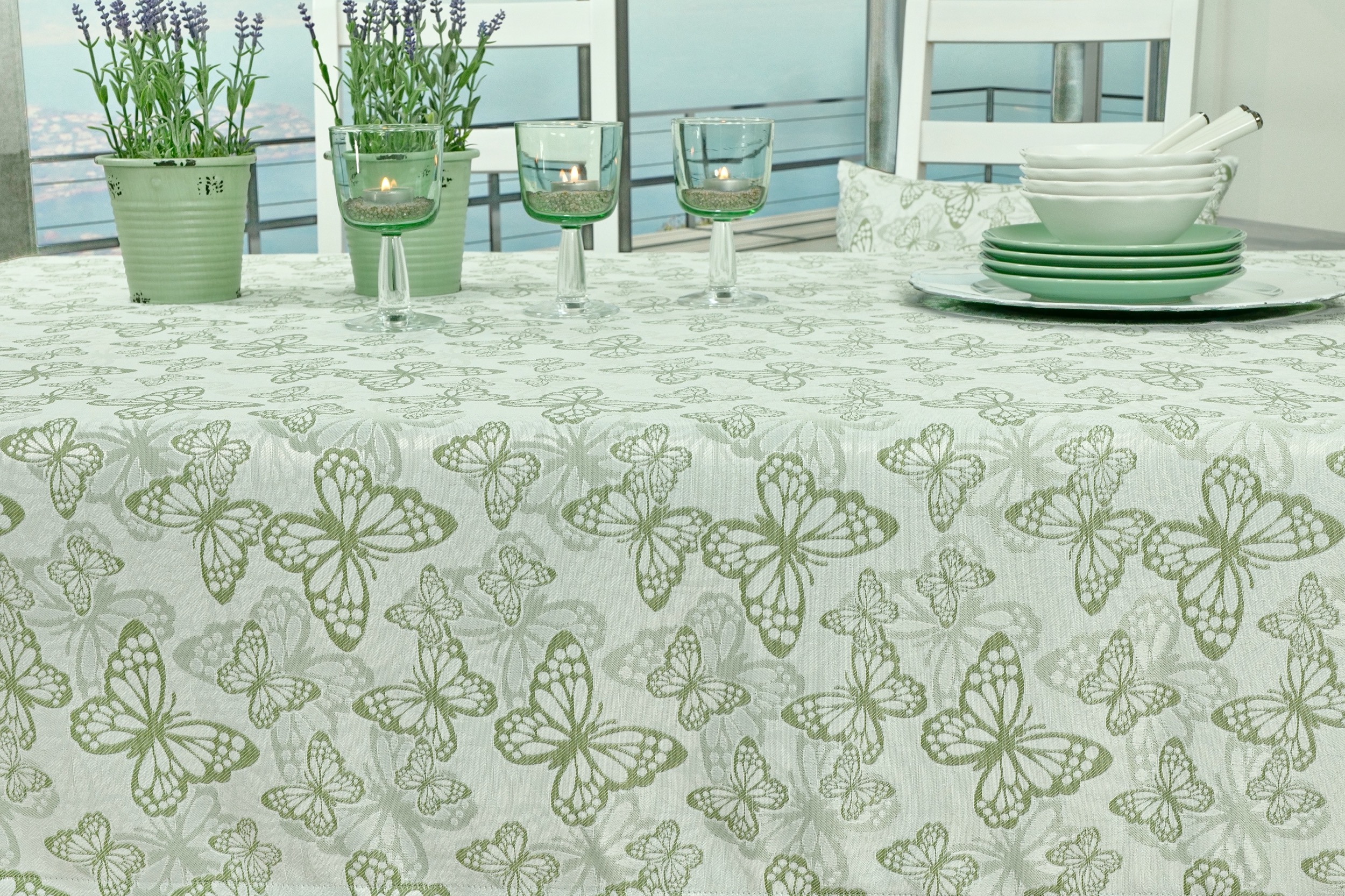 Fleckgeschützte Tischdecke Weiß Grün Muster Springtime Breite 120 cm