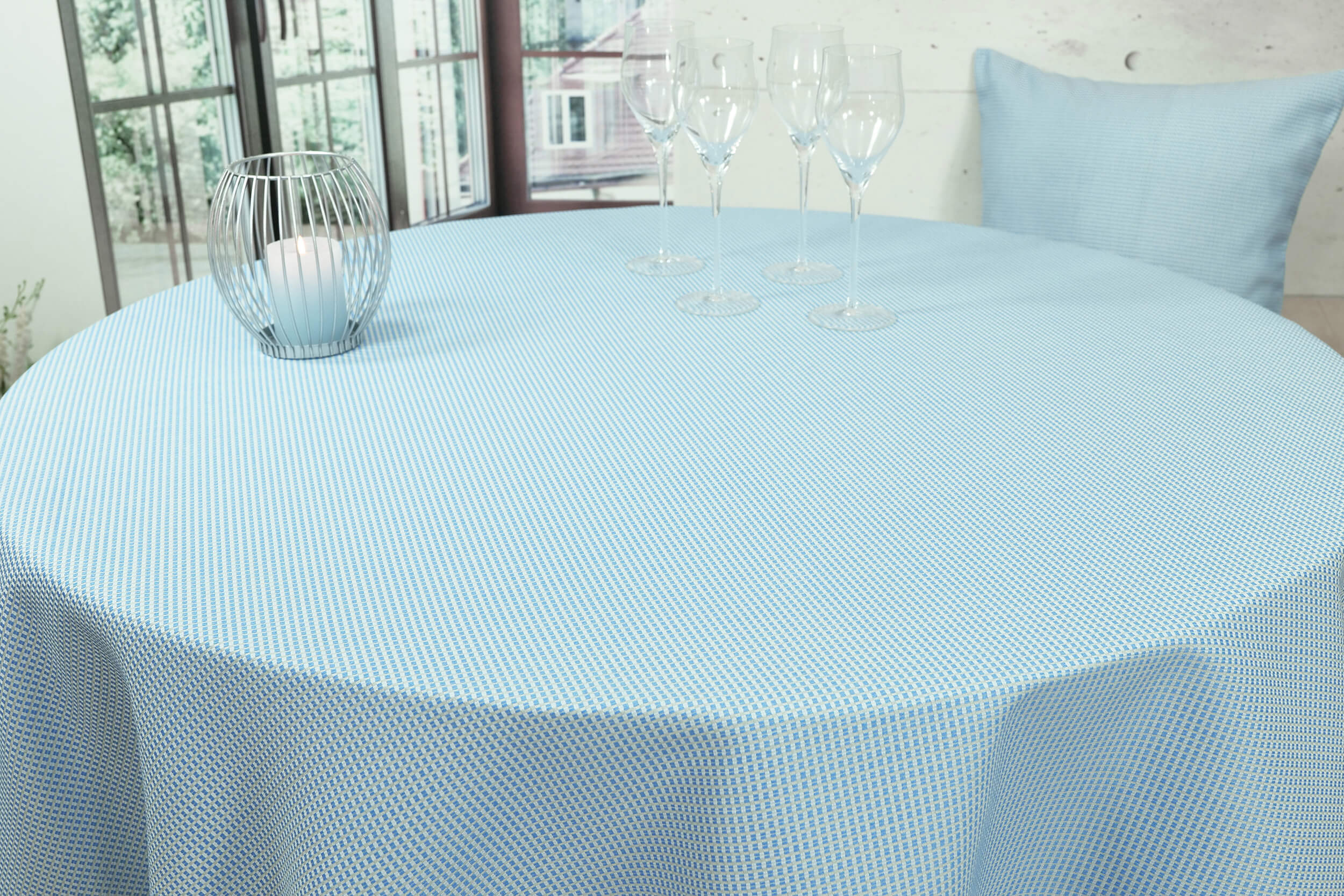 Garten Tischdecke mit Fleckschutz Blau Muster Philadelphia ab 80 cm bis 200 cm RUND