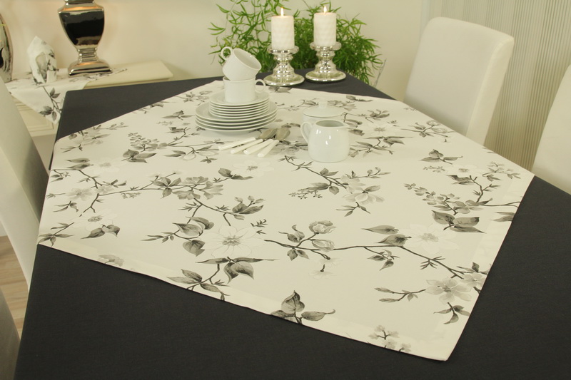 Tischdecke weiß mit Blumenmuster schwarz ab 80x80 cm - 200x200 cm QUADRATISCH