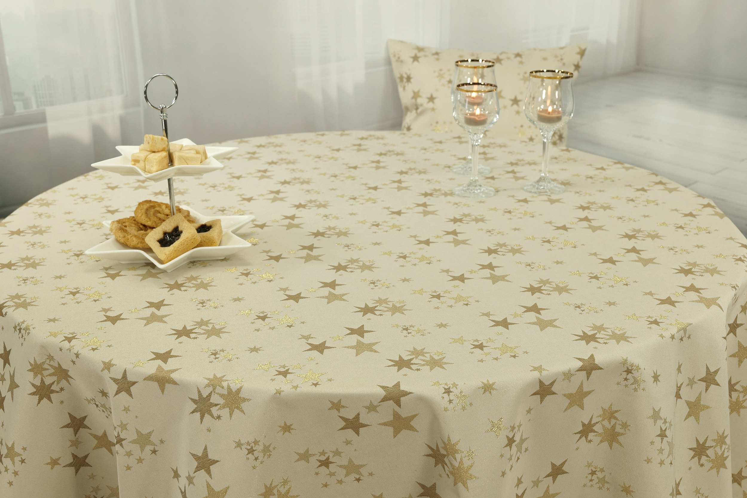 Tischdecke mit Fleckschutz Beige Gold Sternenpracht ab 80 cm bis 140 cm RUND