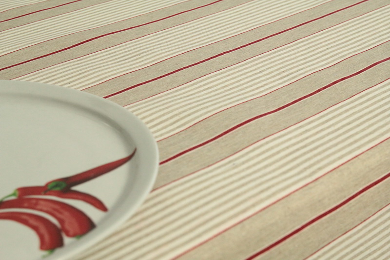 Abwaschbare Tischdecke natur beige weiß  creme und einem roten Streifen