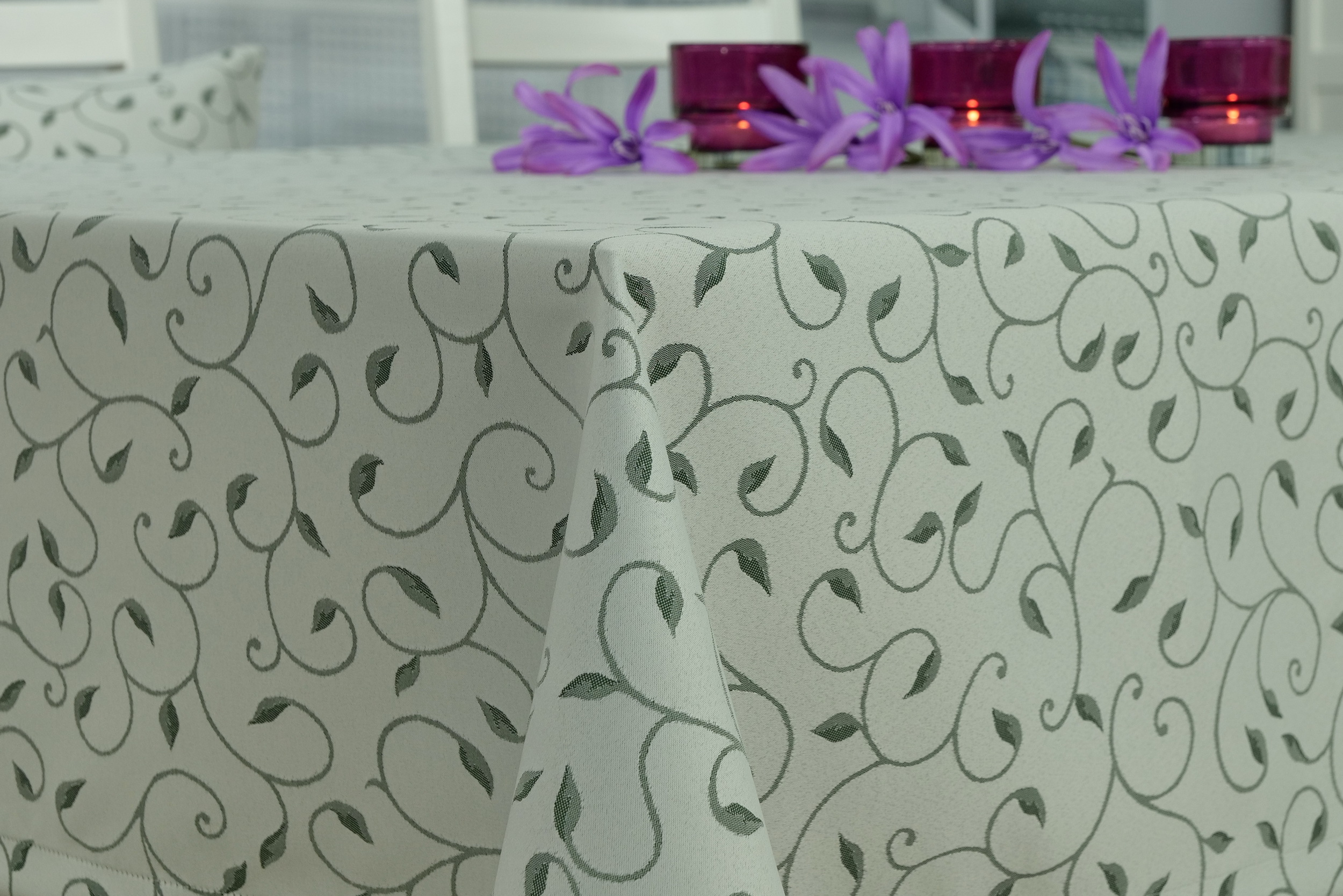 Damast Tischdecke mit Fleckschutz Hellgrau mit Muster Breite 160 cm