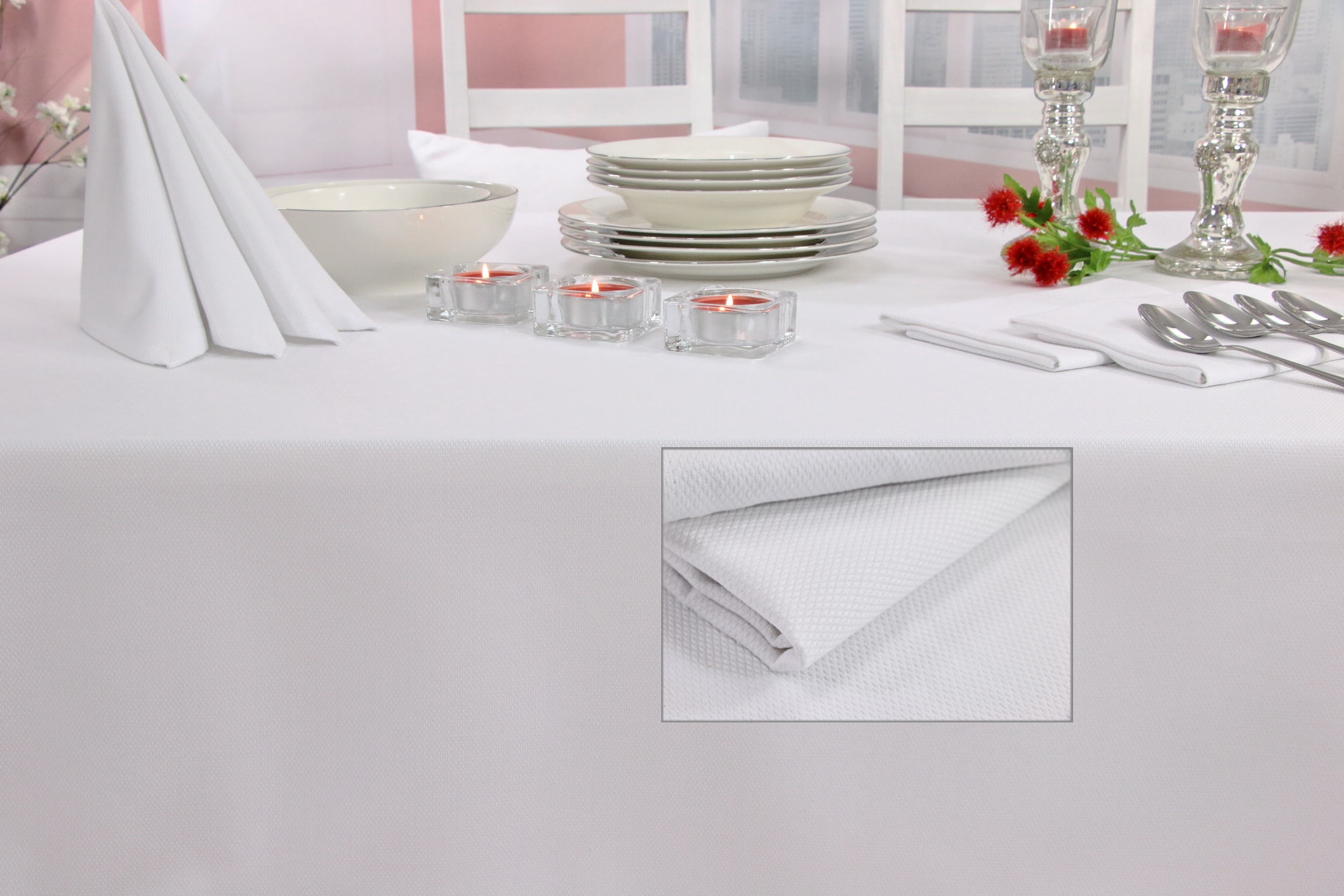 Tischdecke Weiß einfarbig feines Rautenmuster Breite 150 cm