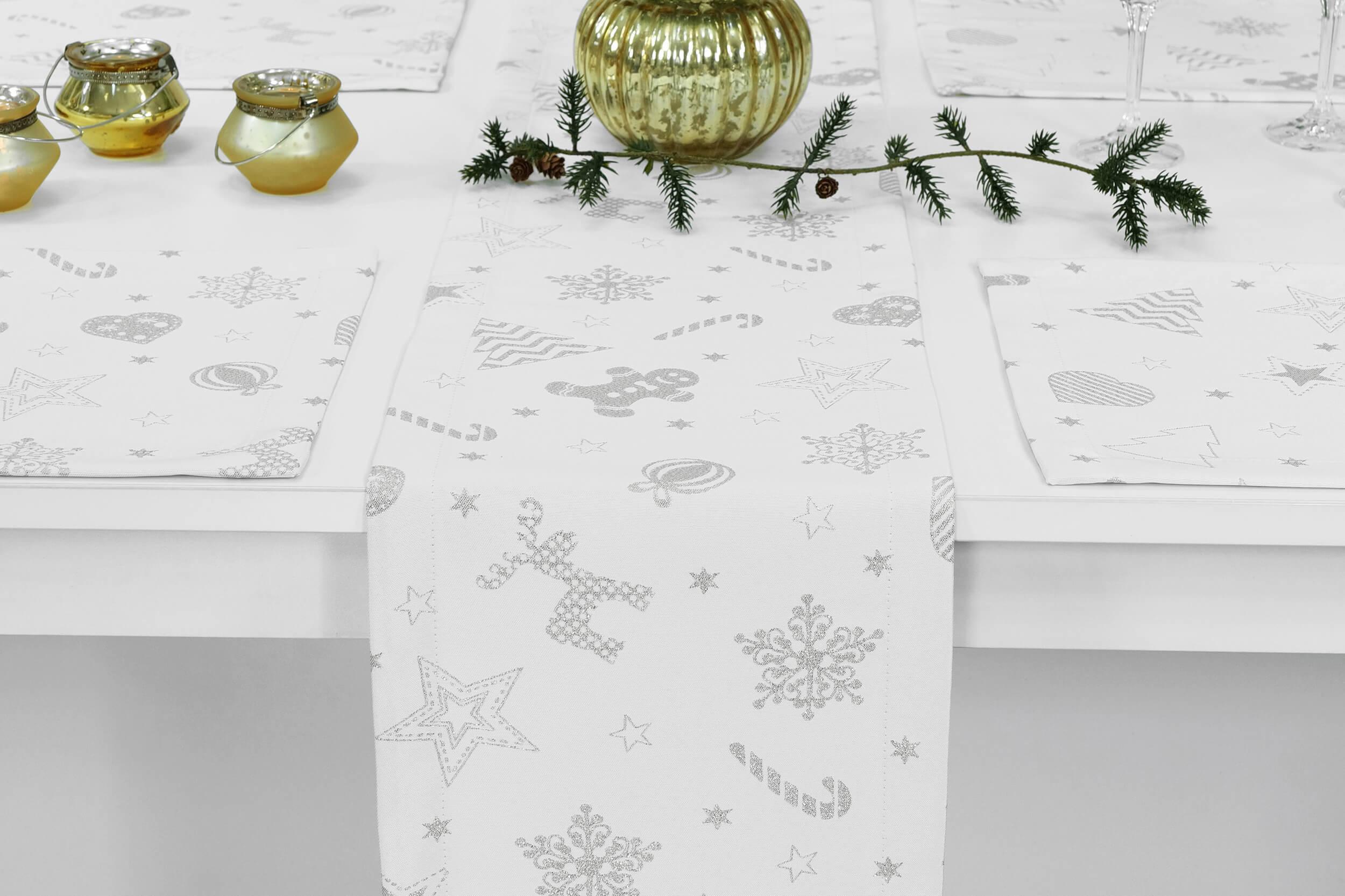 Weiße Tischläufer mit Fleckschutz Muster Silber Estrello Breite 40 cm