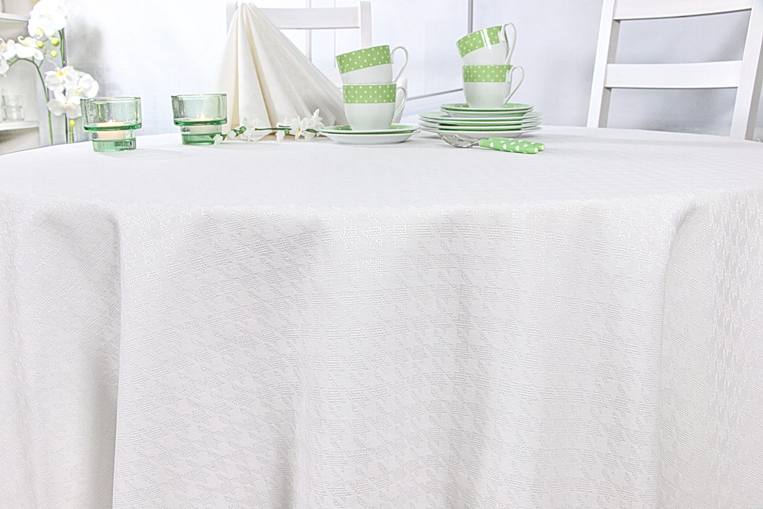 Tischdecke mit Fleckschutz Evita Perlweiß Muster ab 80 cm bis 200 cm RUND