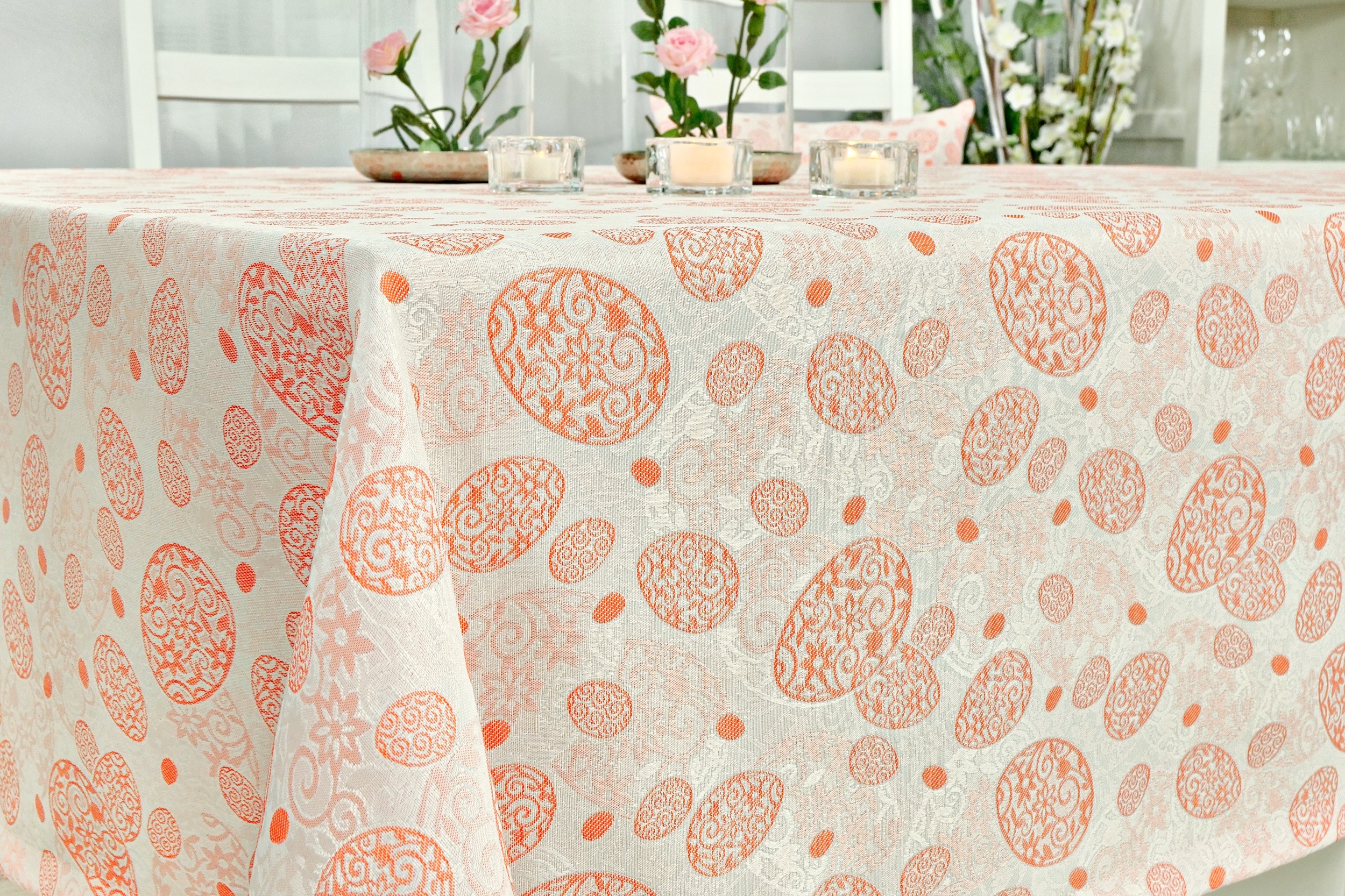 Oster Tischdecke mit Fleckschutz Weiß Orange Easter Egg Breite 100 cm