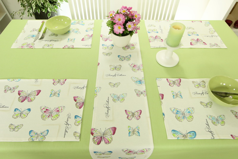 Abwaschbarer Tischläufer Creme Schmetterling Türkis Pink Breite 40 cm