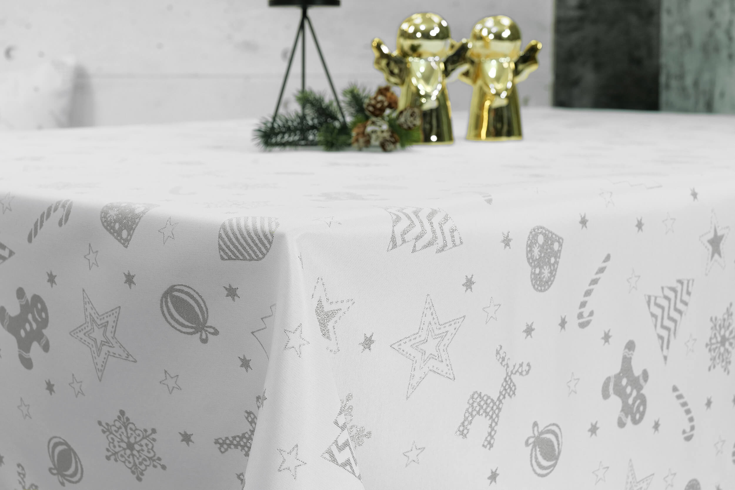 Weiße Tischdecke mit Fleckschutz Muster Silber Estrello Breite 90 cm
