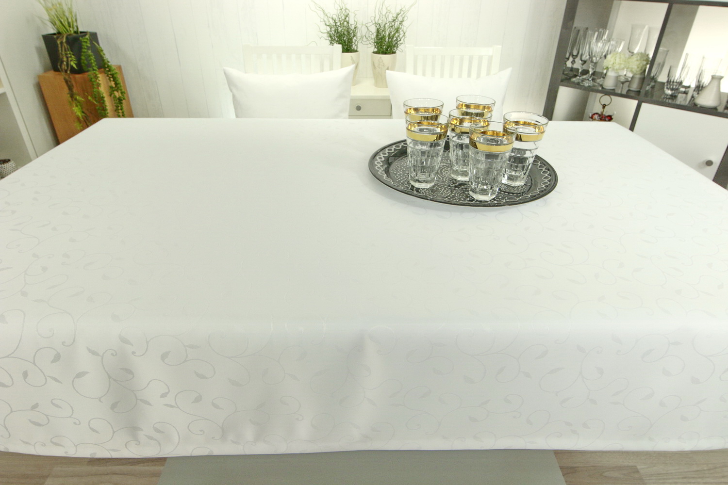 Damast Tischdecke Fleckschutz weiß Muster Breite 130 cm