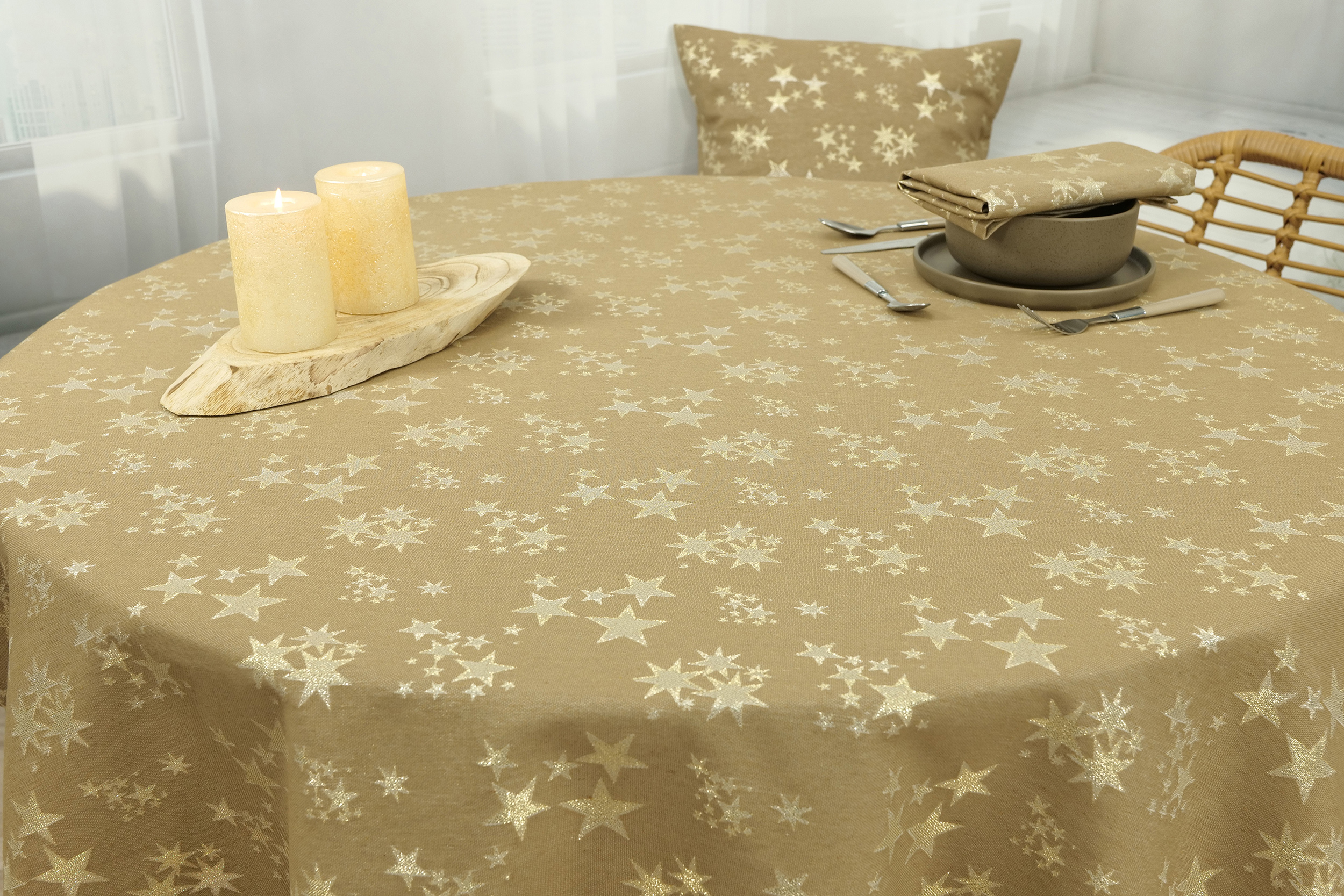 Tischdecke mit Fleckschutz Sand Gold Sternenpracht ab 80 cm bis 200 cm RUND