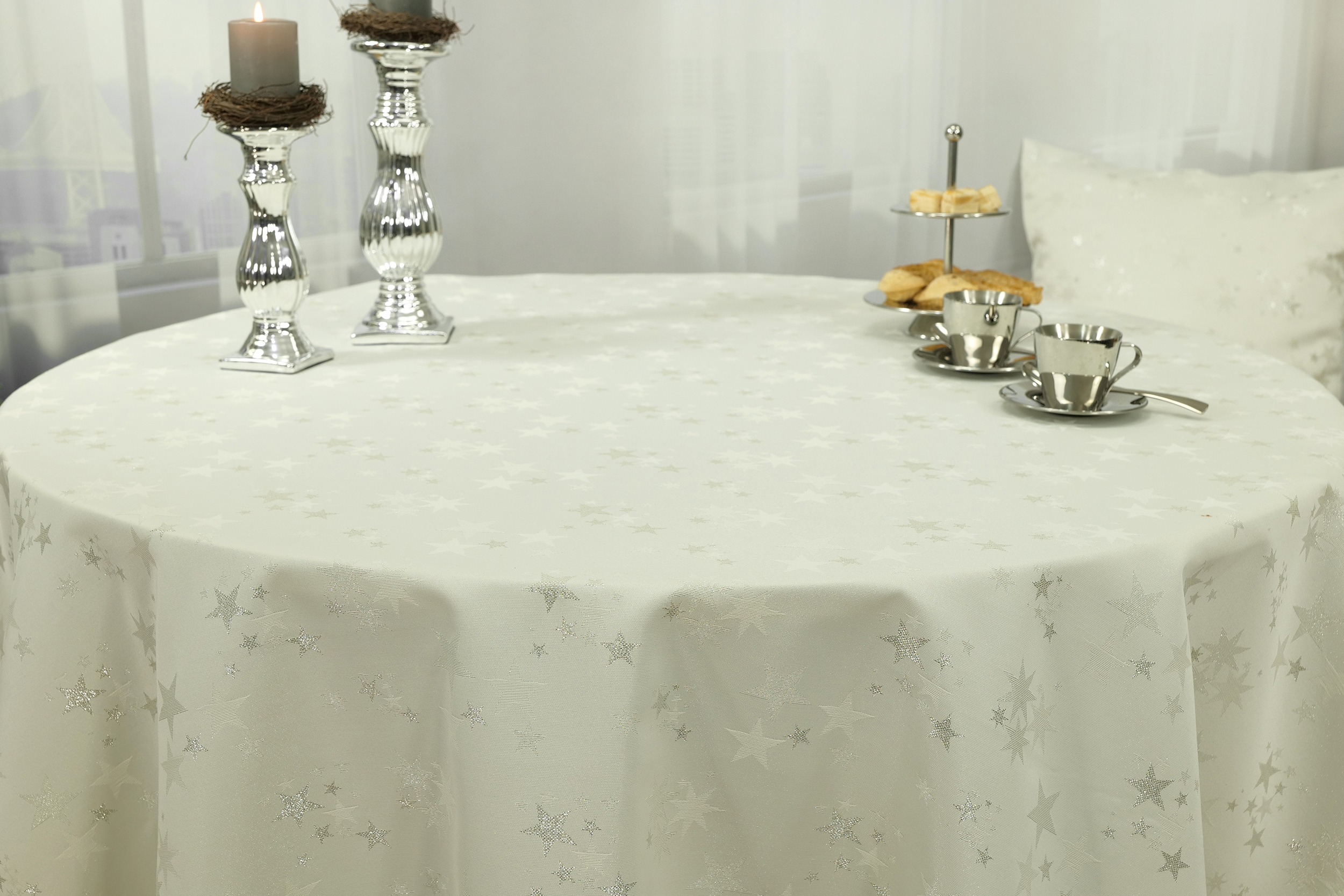 Tischdecke mit Fleckschutz Creme Silber Sternenpracht ab 80 cm bis 200 cm RUND