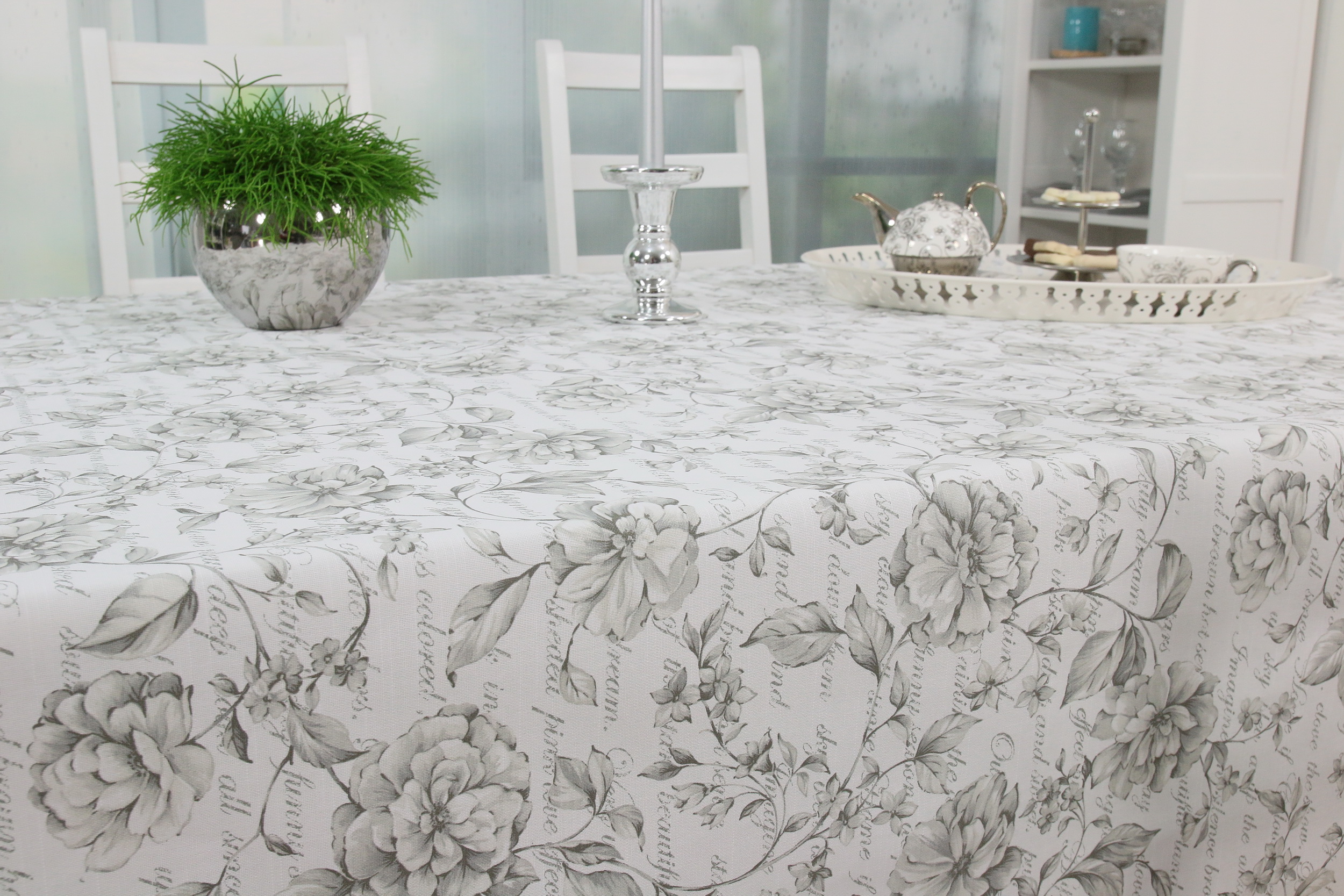 Abwaschbare Tischdecke Grau Weiß Blume Breite 90 cm