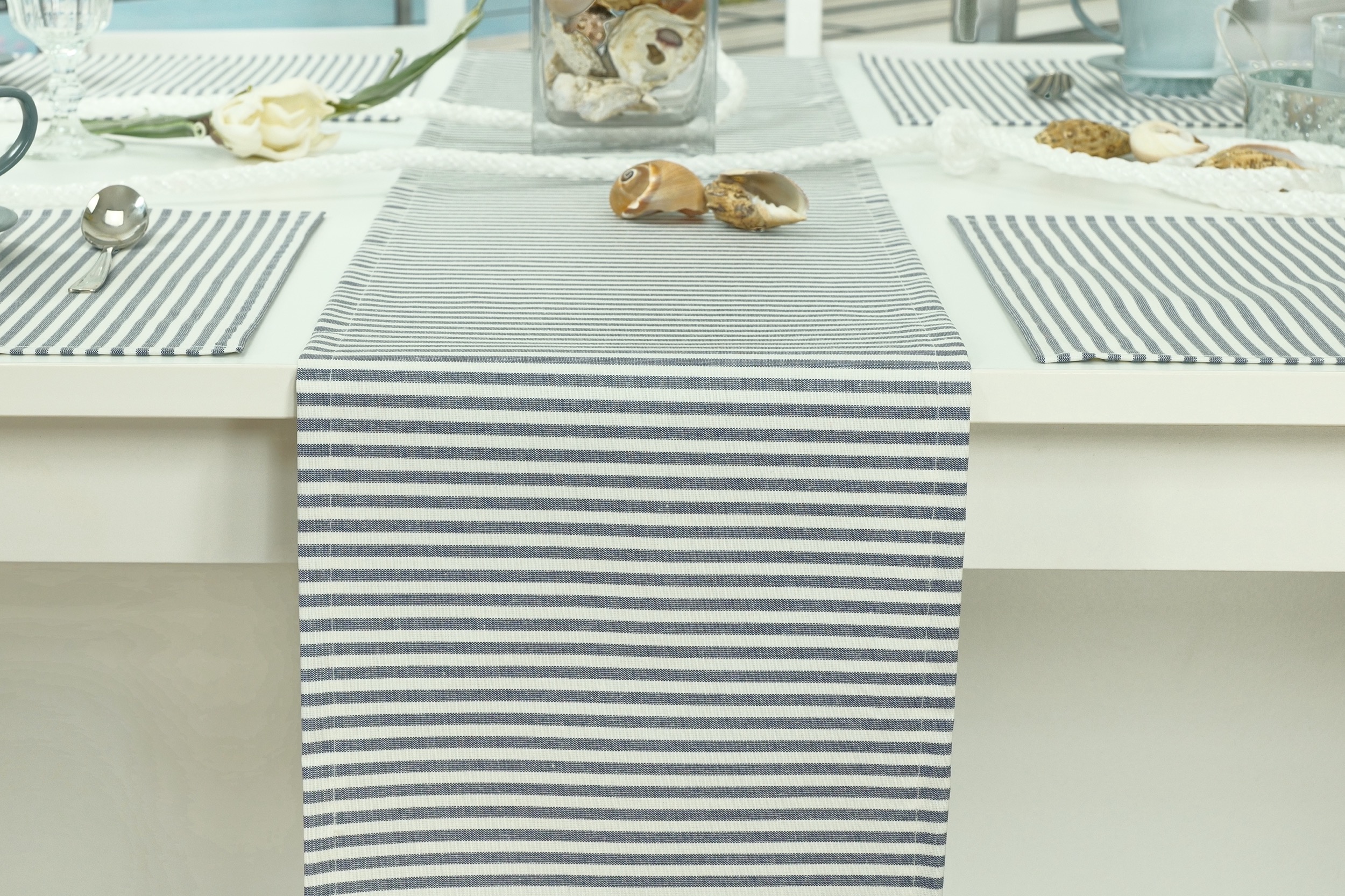 Tischläufer abwaschbar Blaugrau Weiß gestreift Fiete Breite 25 cm
