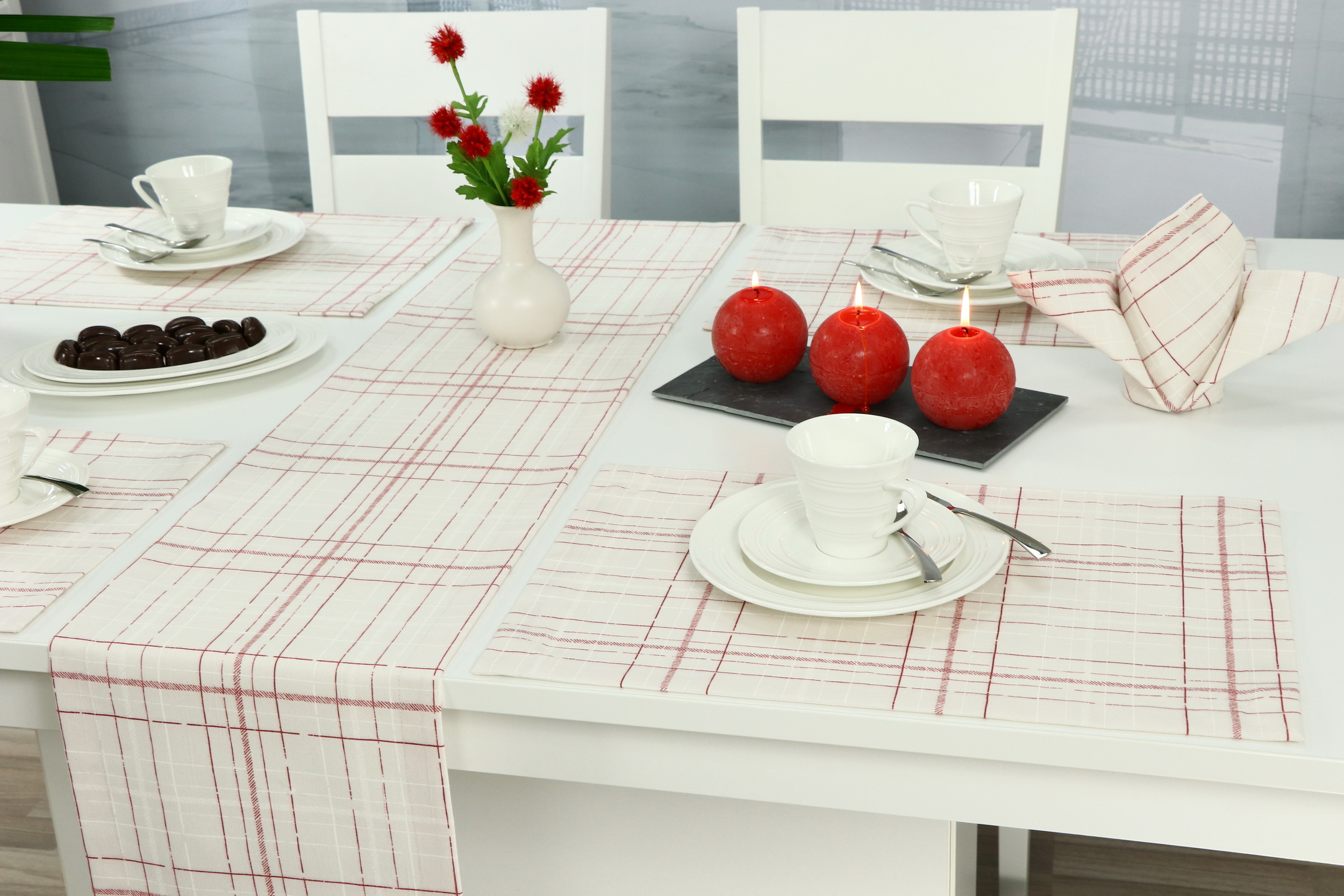 Tischläufer Checkered Creme Rot Karo Breite 25 cm