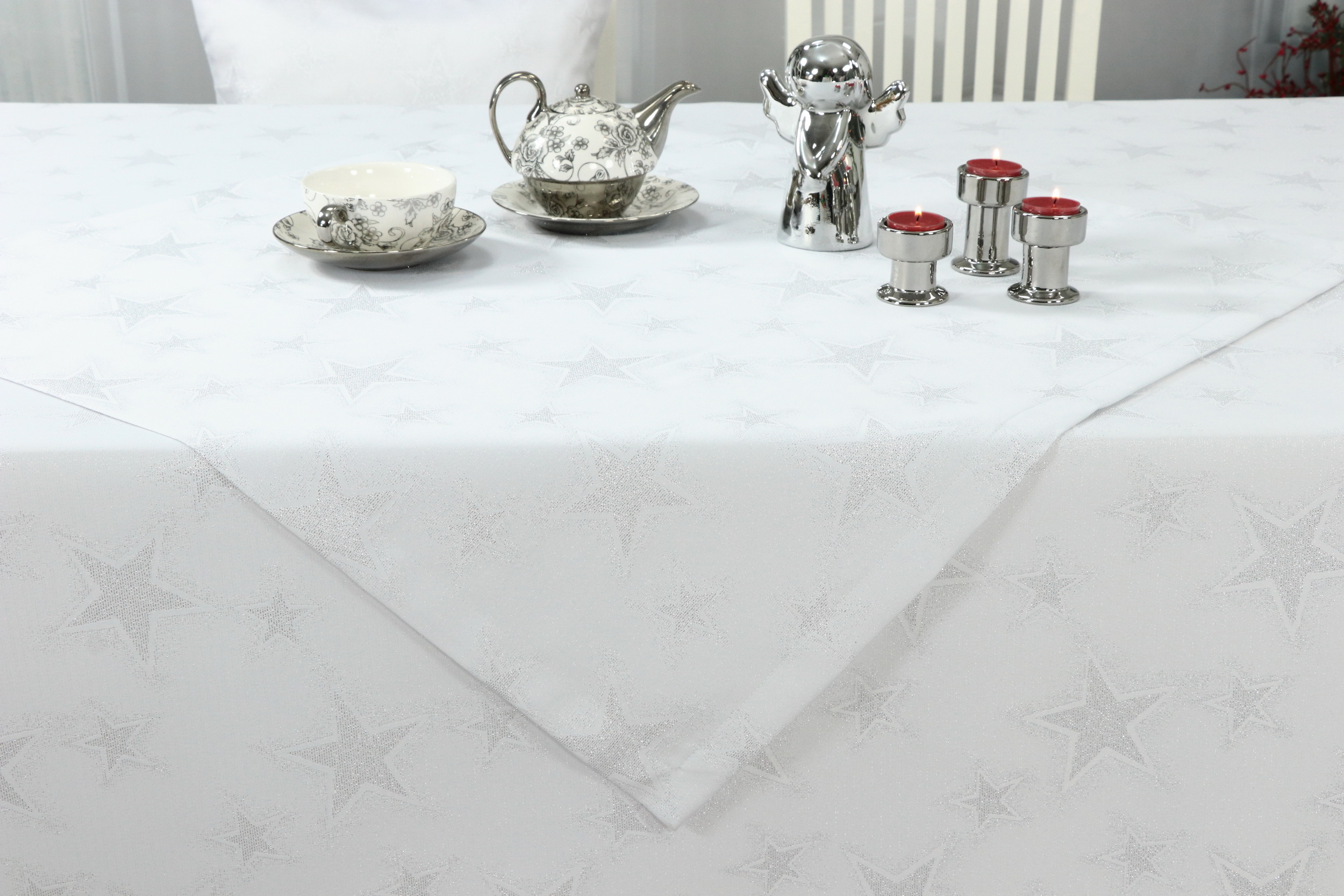 Fleckgeschützte Tischdecke Weihnachten Weiß Silber Sterne Advent ab 80x80 cm - 170x170 cm QUADRATISCH