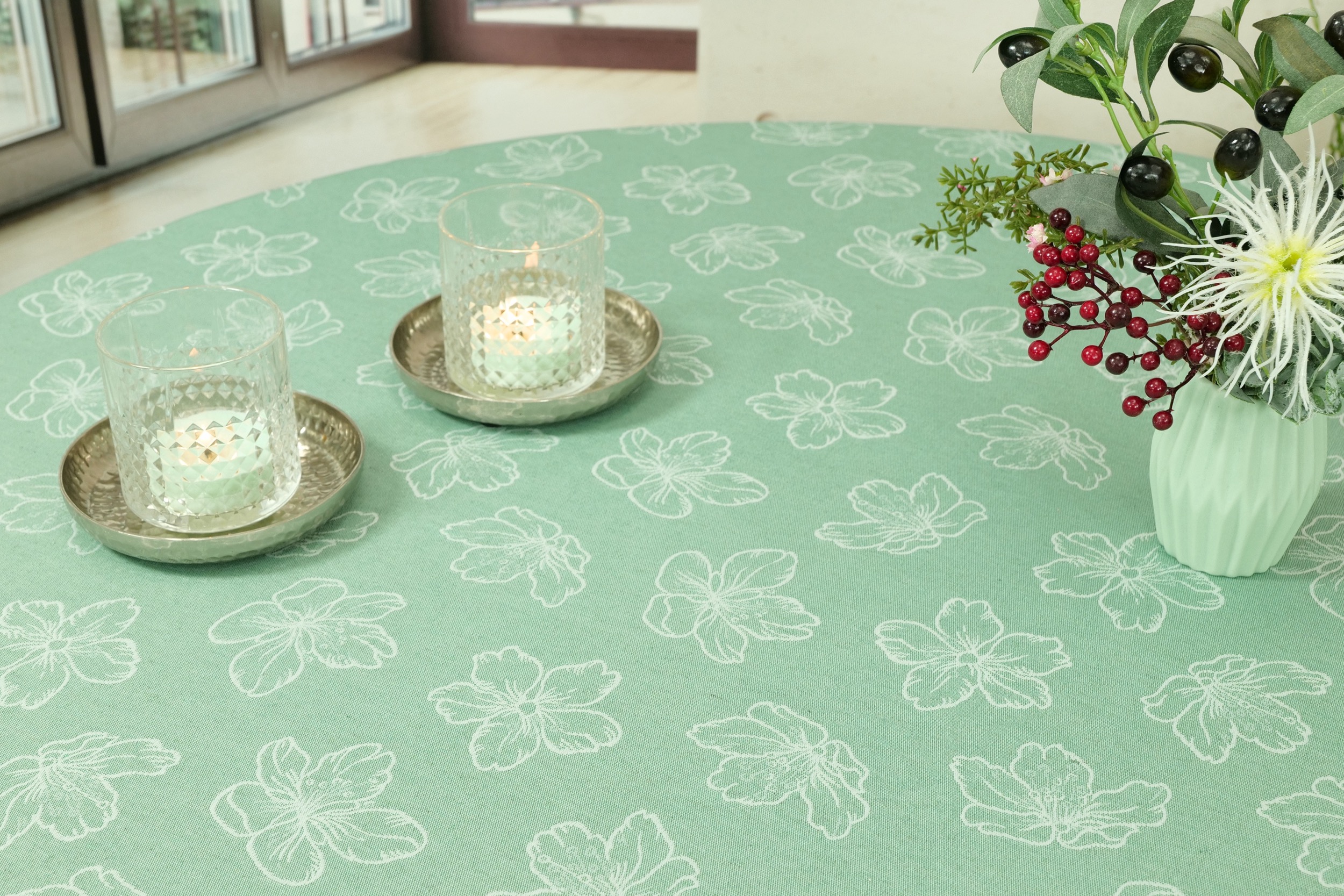 Tischdecke abwaschbar Grün Muster Blumen Adele Breite 90 cm OVAL