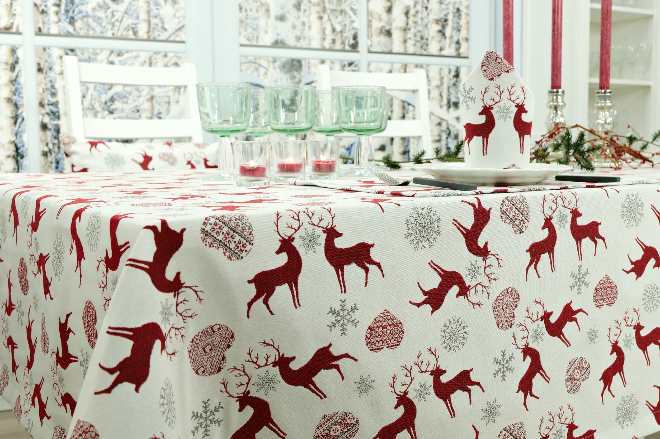 Weihnachtstischdecke Hellgrau Kirschrot Muster Rentier Breite 110 cm