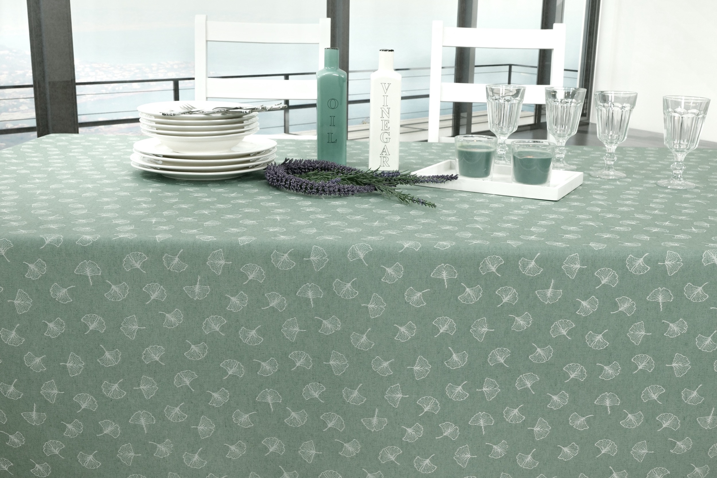 Tischdecke abwaschbar Eisgrün Muster Malta Breite 160 cm