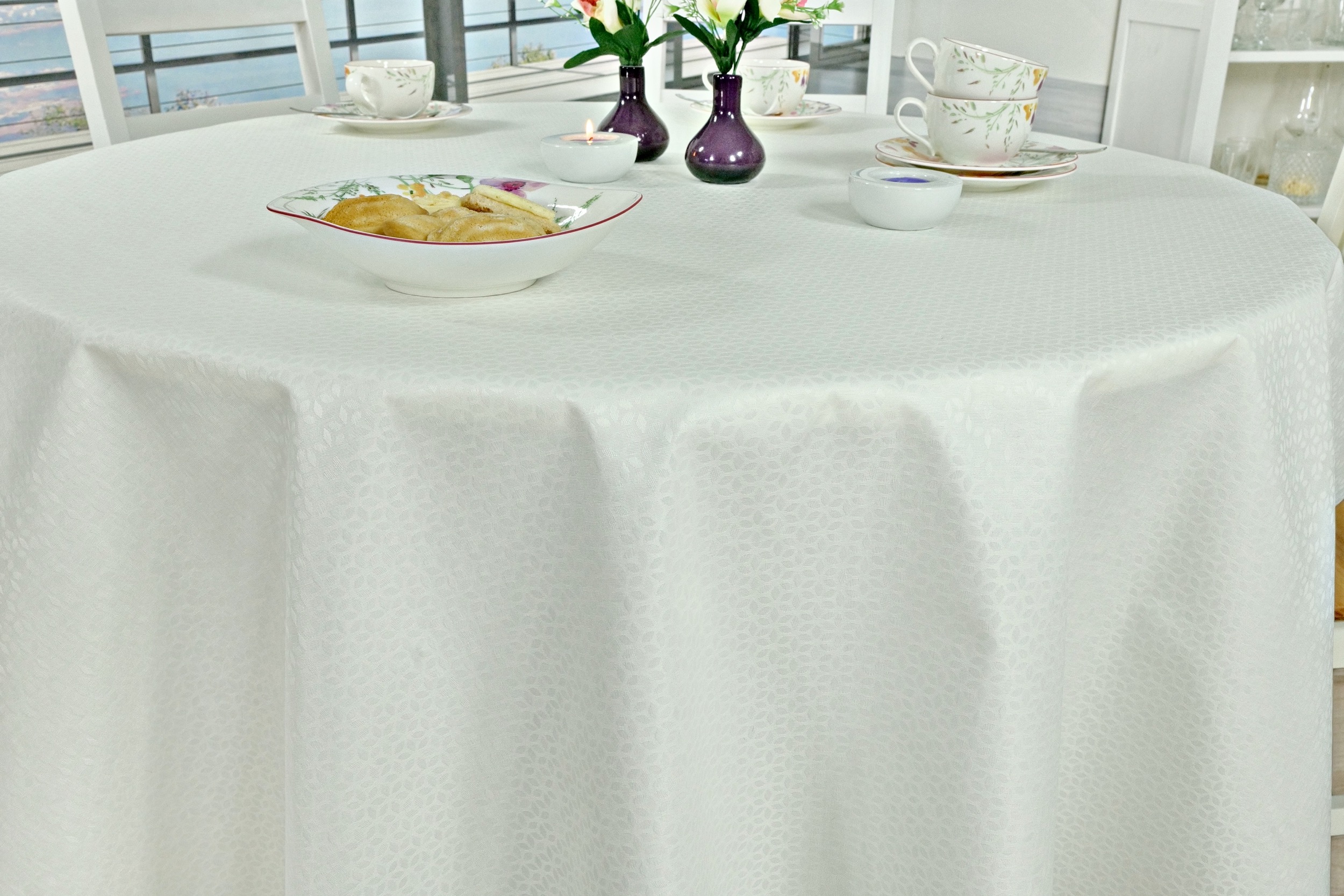 Tischdecke abwaschbar Weiß gemustert Fleuret ab Ø 80 cm bis 178 cm RUND