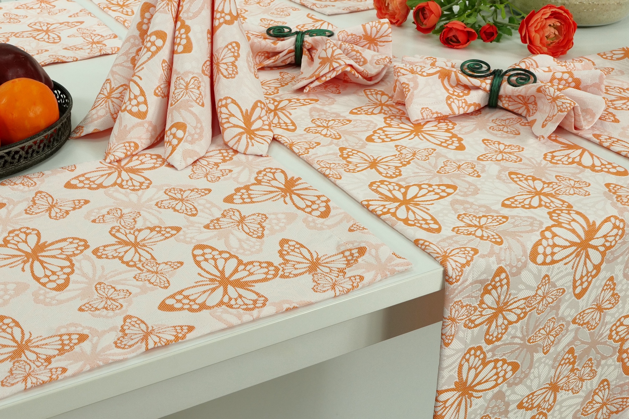 Fleckgeschützte Tischläufer Weiß Orange Muster Springtime Breite 25 cm