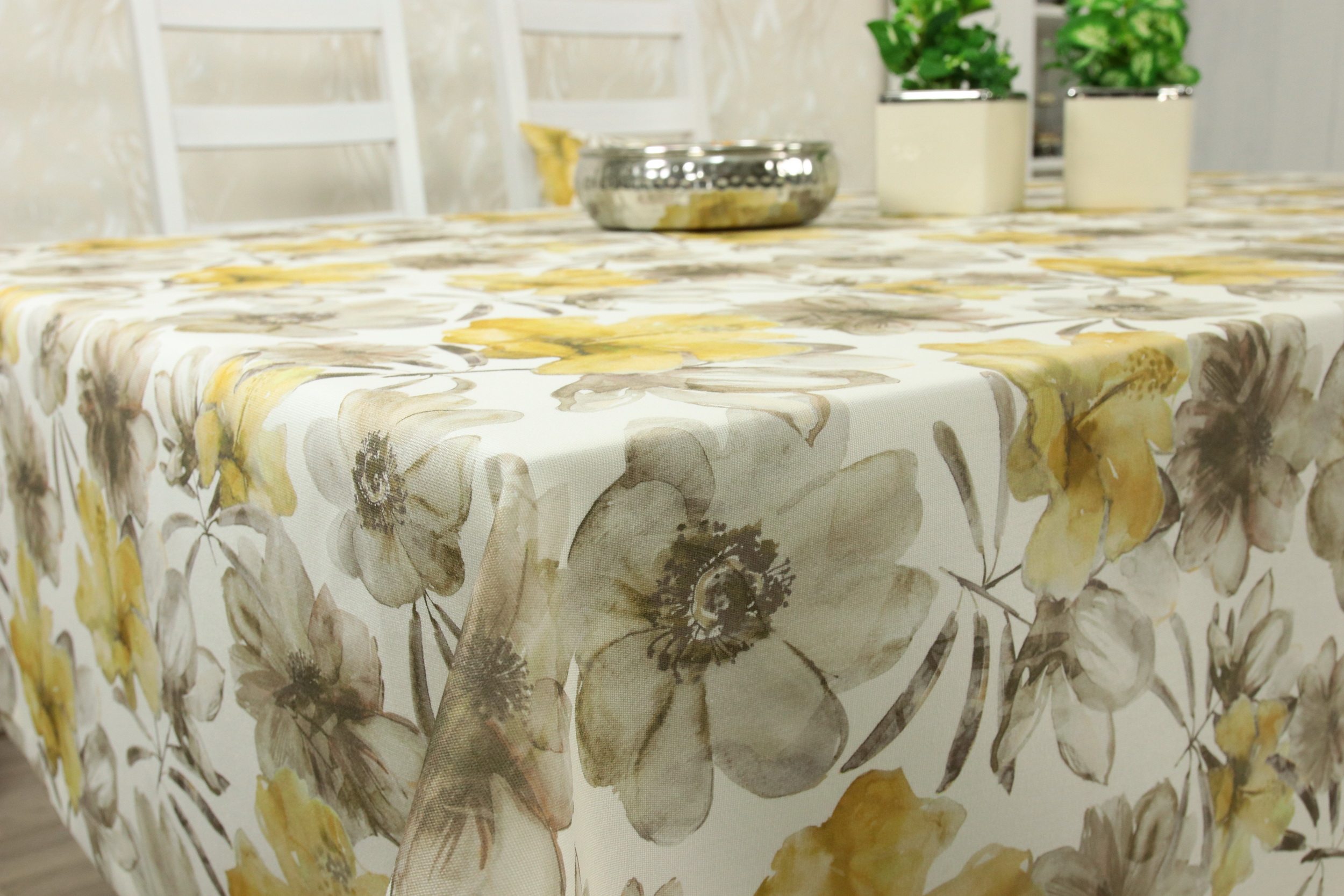 Tischdecke mit Fleckschutz Natur Beige Flower Muster Breite 130 cm