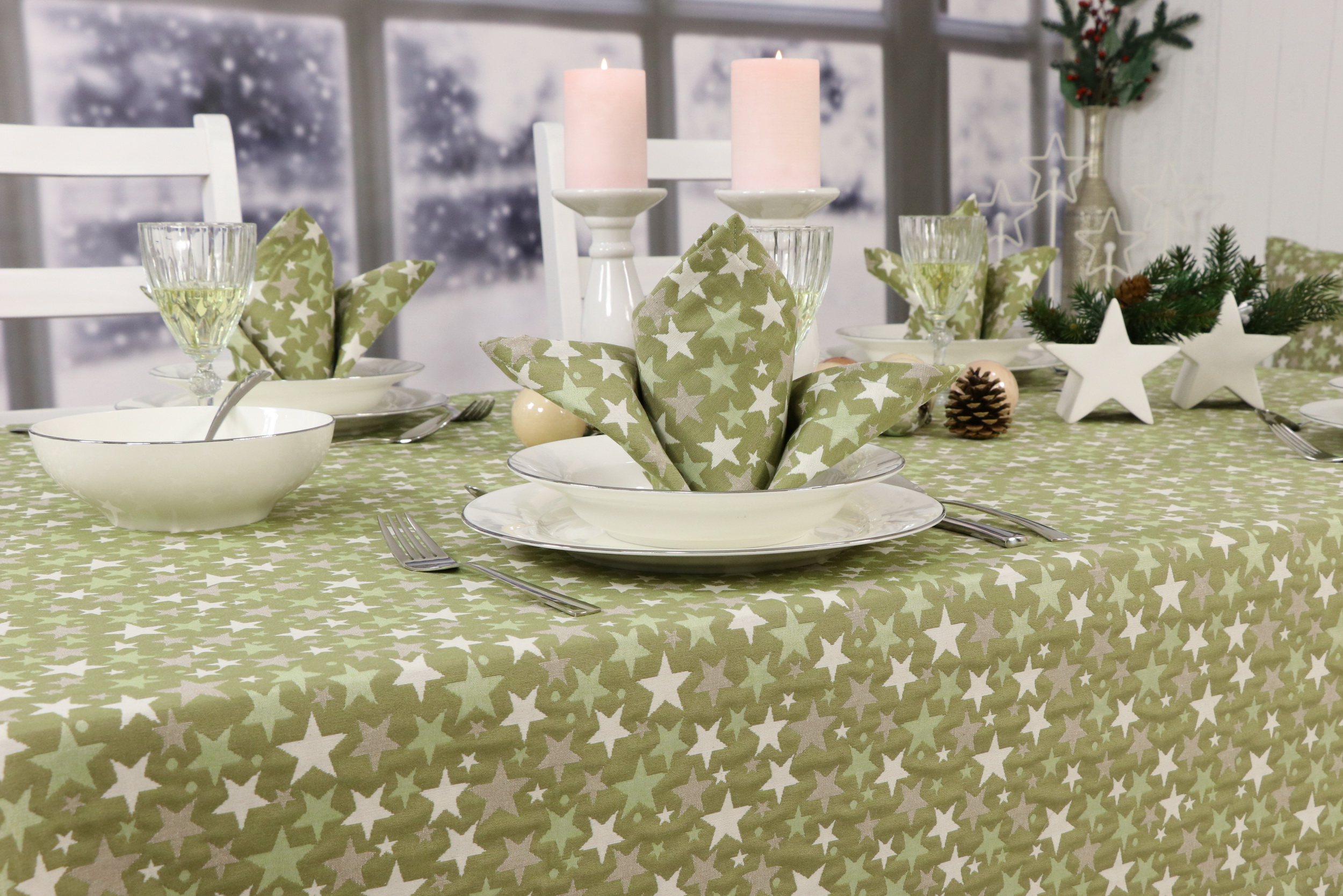 Weihnachtsmotiv Tischwäsche Grün Stern Beige Breite 90 cm