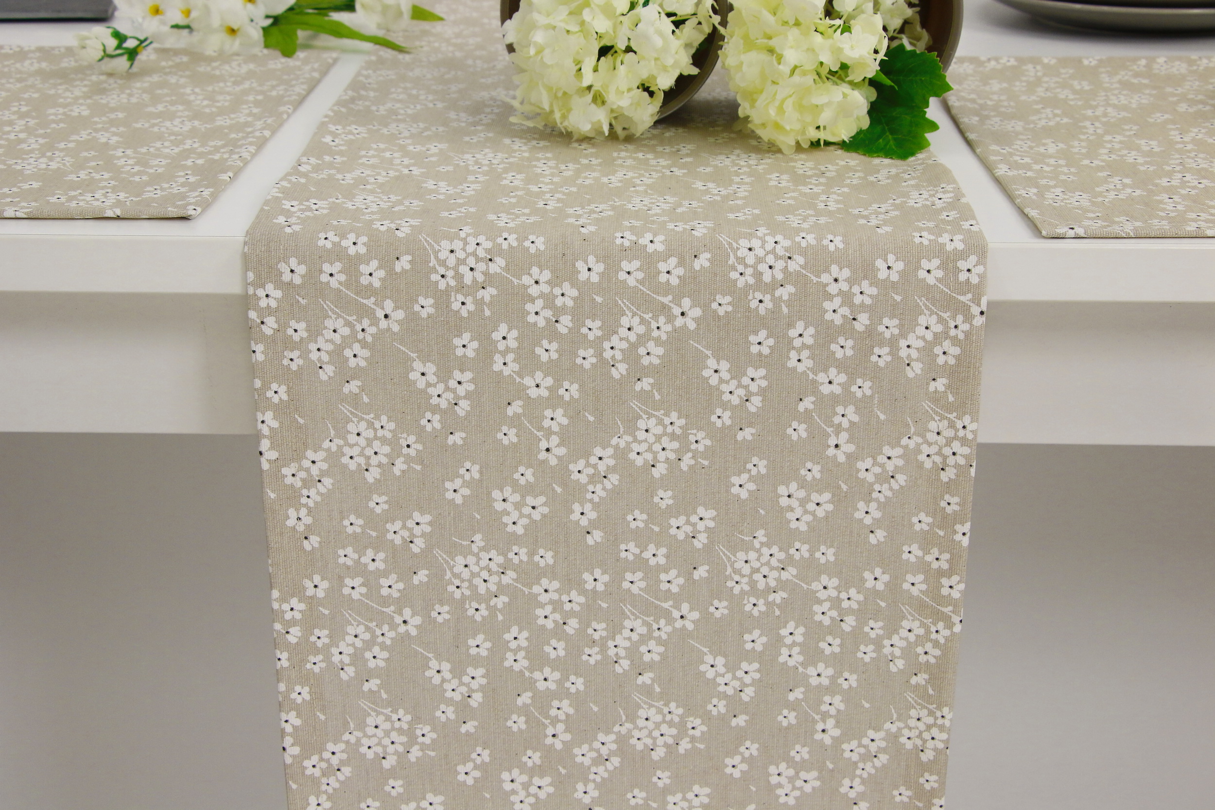 Abwaschbare Tischläufer Beige Muster Mille Fleur Breite 25 cm