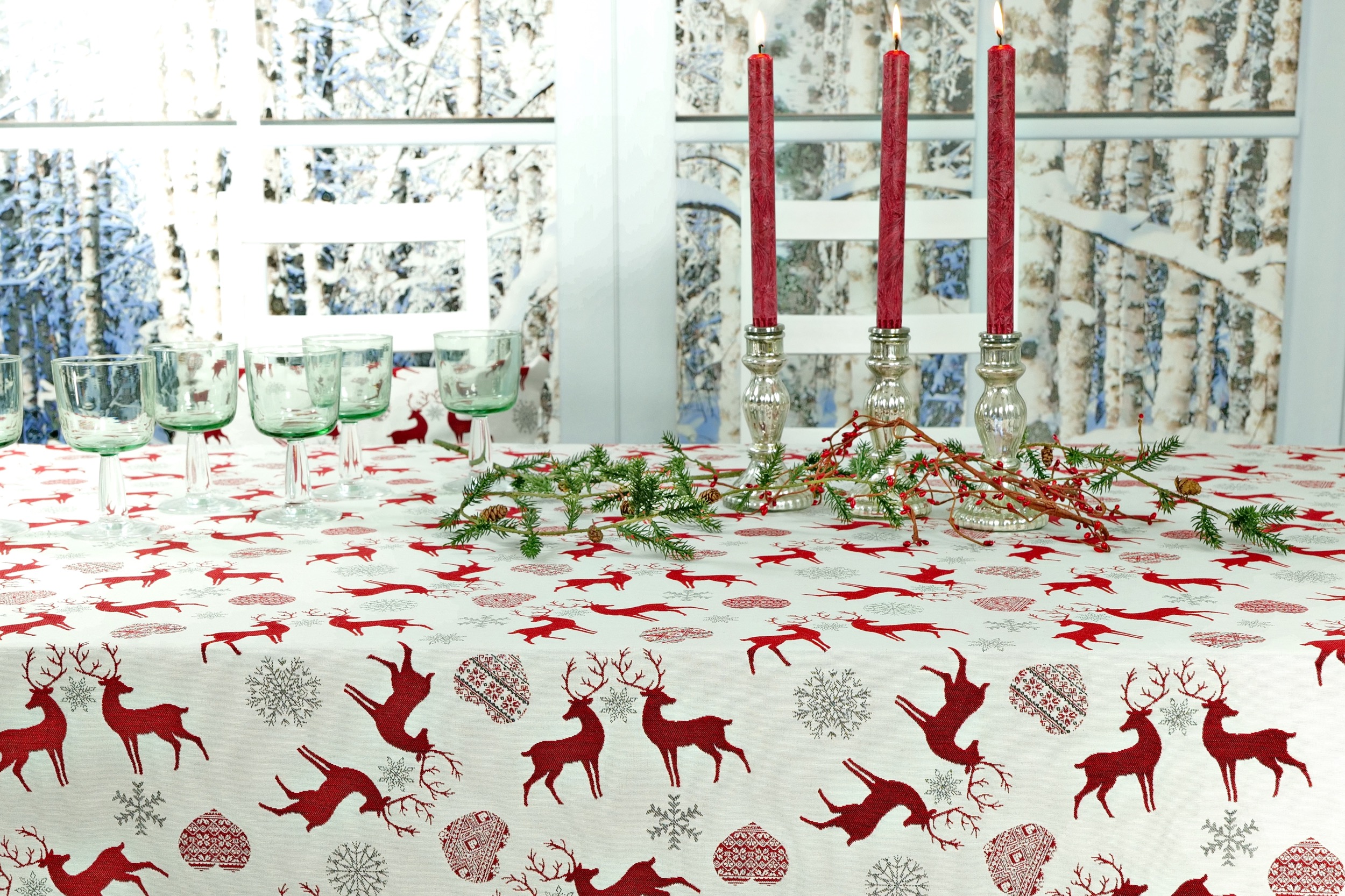 Weihnachtstischdecke Hellgrau Kirschrot Muster Rentier Breite 90 cm