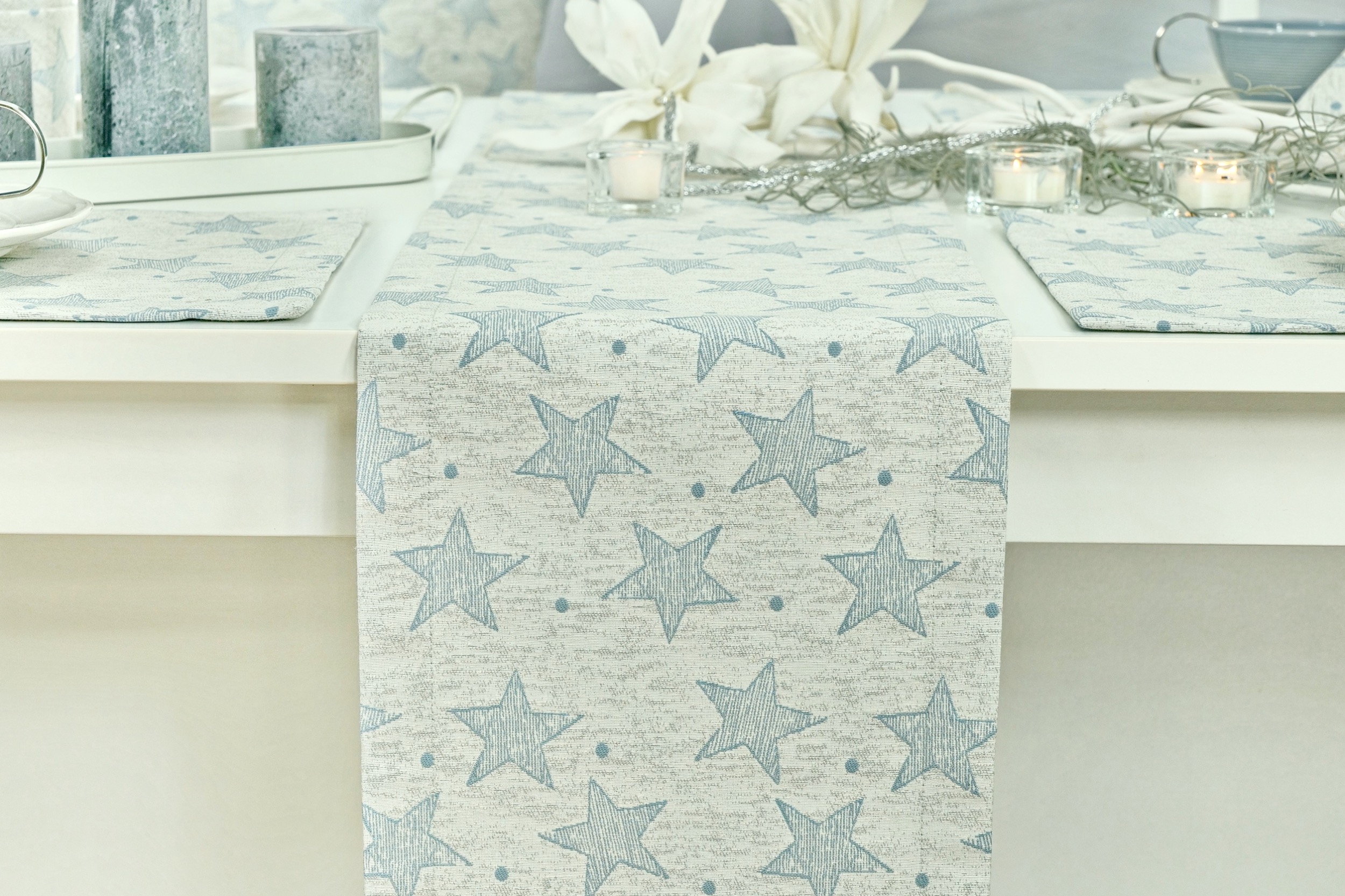 Tischläufer Grau Blau Muster Sterne Meeres Breite 25 cm
